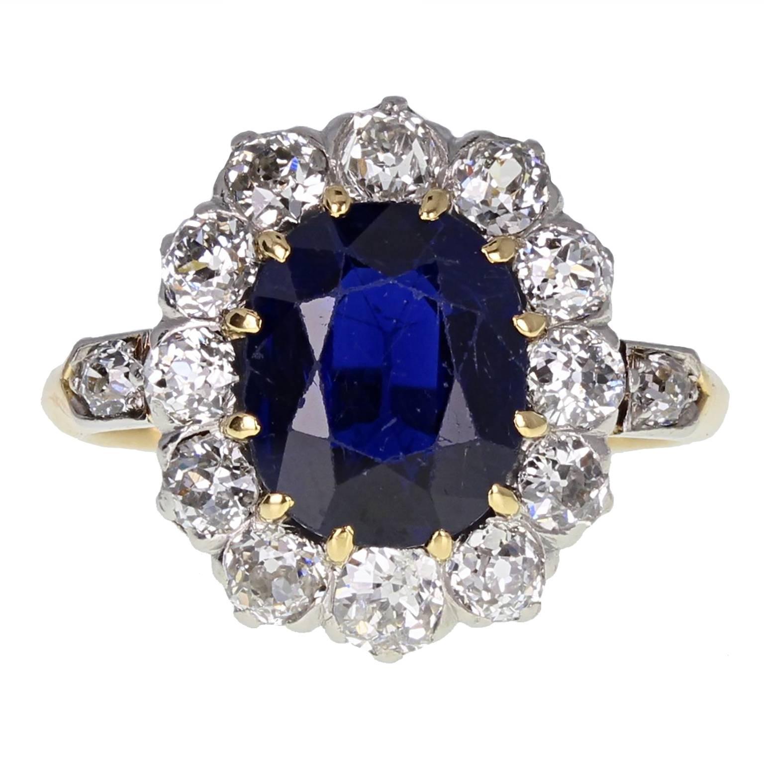 Antique Victorian Unheated Sapphire Old Cut Diamond Cluster Ring