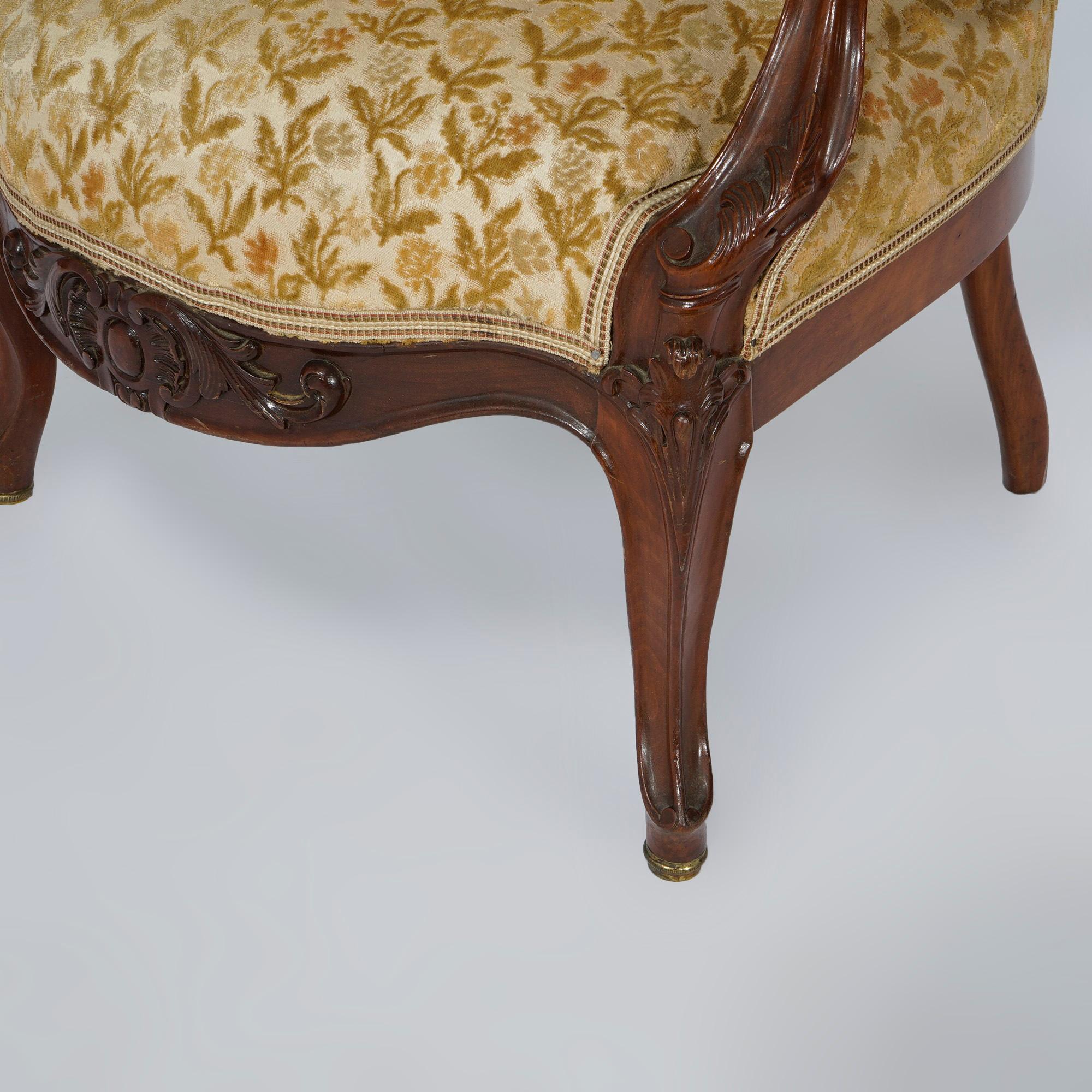 Antique Victorian Upholstered Carved Walnut Parlor Arm Chair, c1890 1