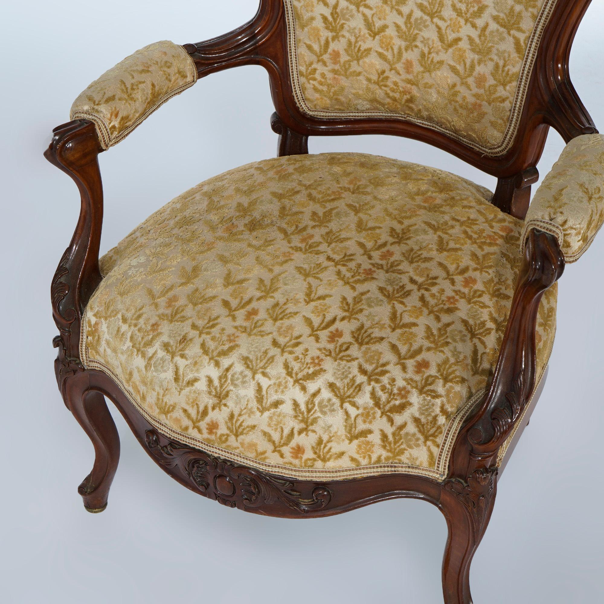 Upholstery Antique Victorian Upholstered Carved Walnut Parlor Arm Chair, c1890