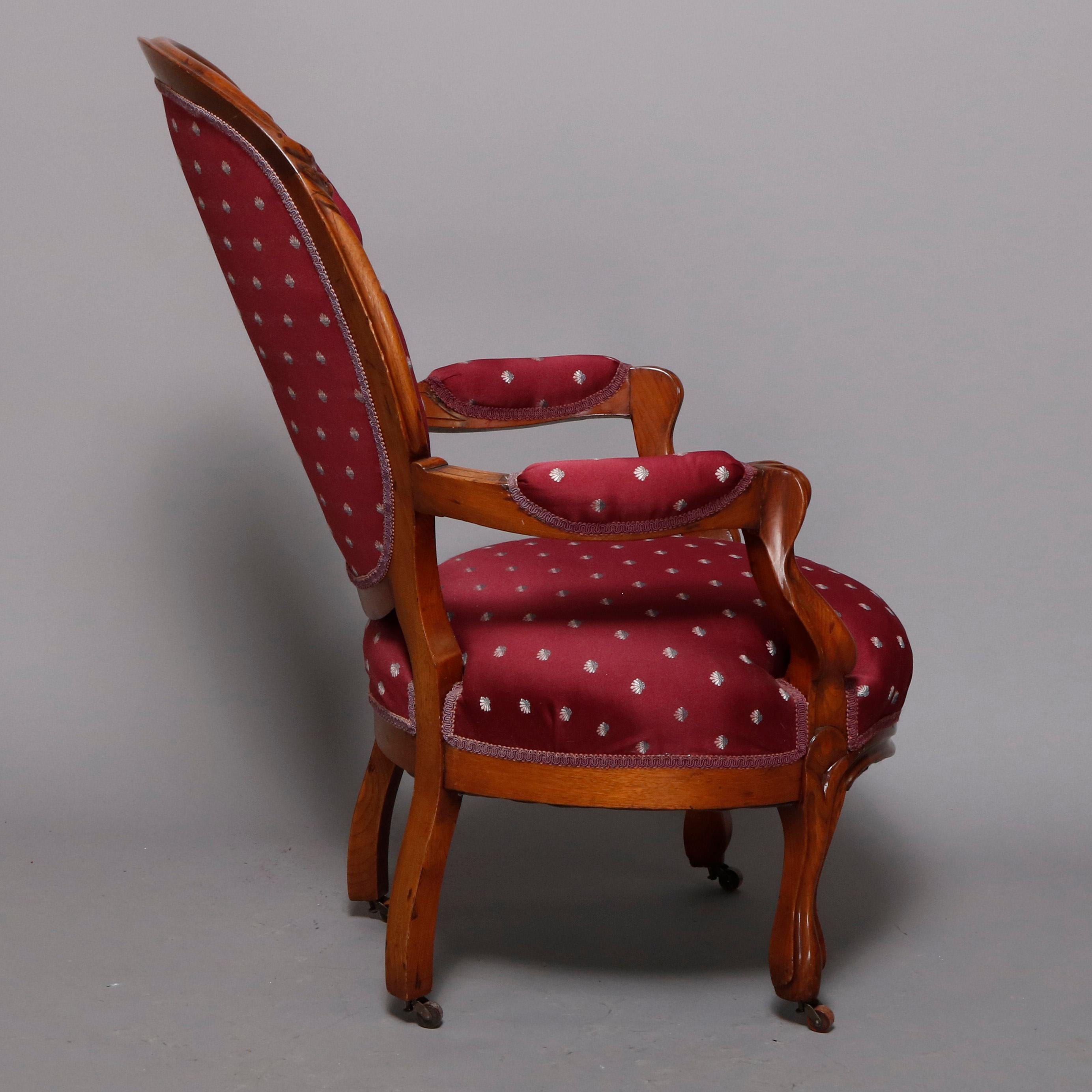 Antique Victorian Upholstered Finger Carved Walnut Parlor Armchair, circa 1880 In Good Condition In Big Flats, NY