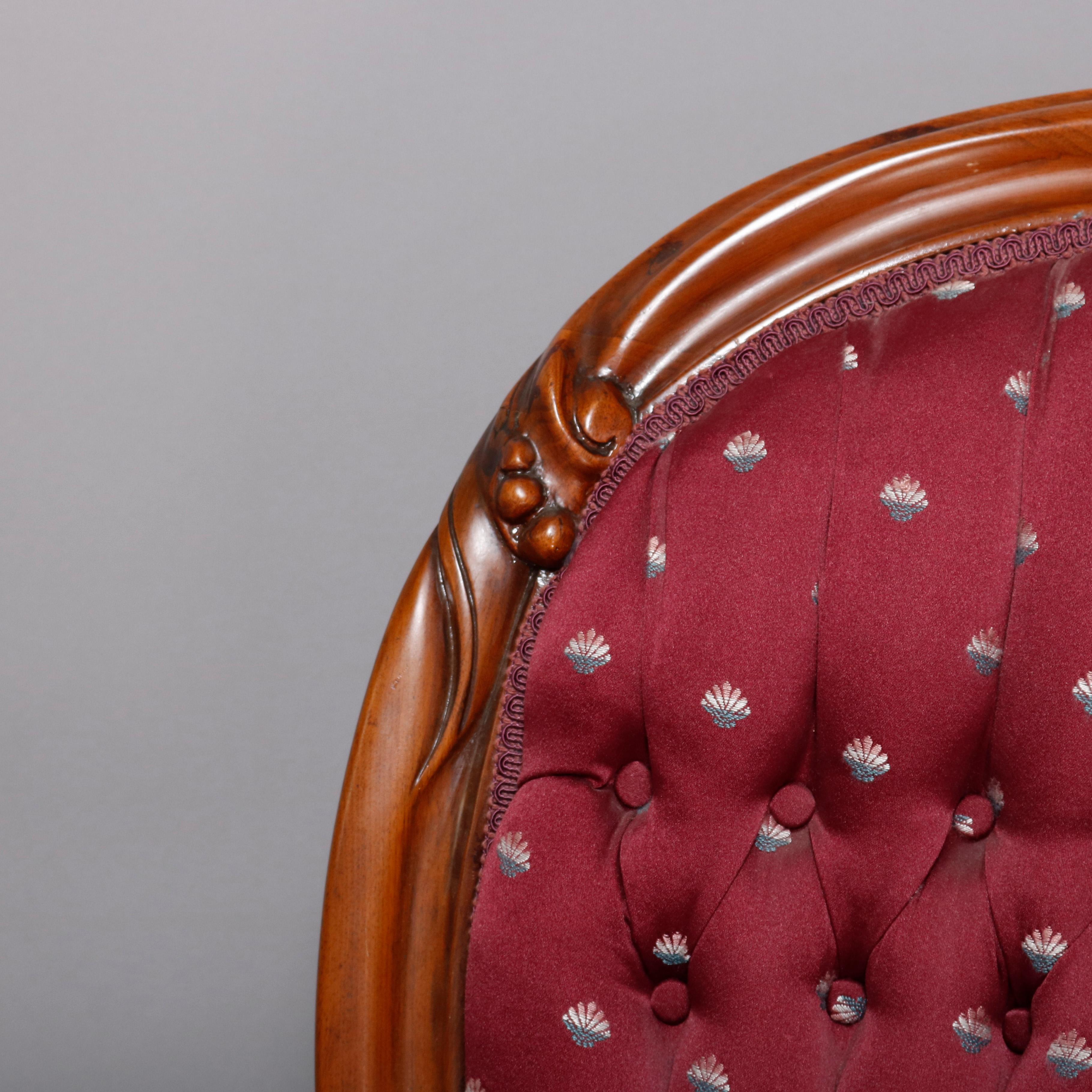 19th Century Antique Victorian Upholstered Finger Carved Walnut Parlor Armchair, circa 1880