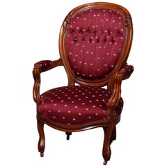 Antique Victorian Upholstered Finger Carved Walnut Parlor Armchair, circa 1880