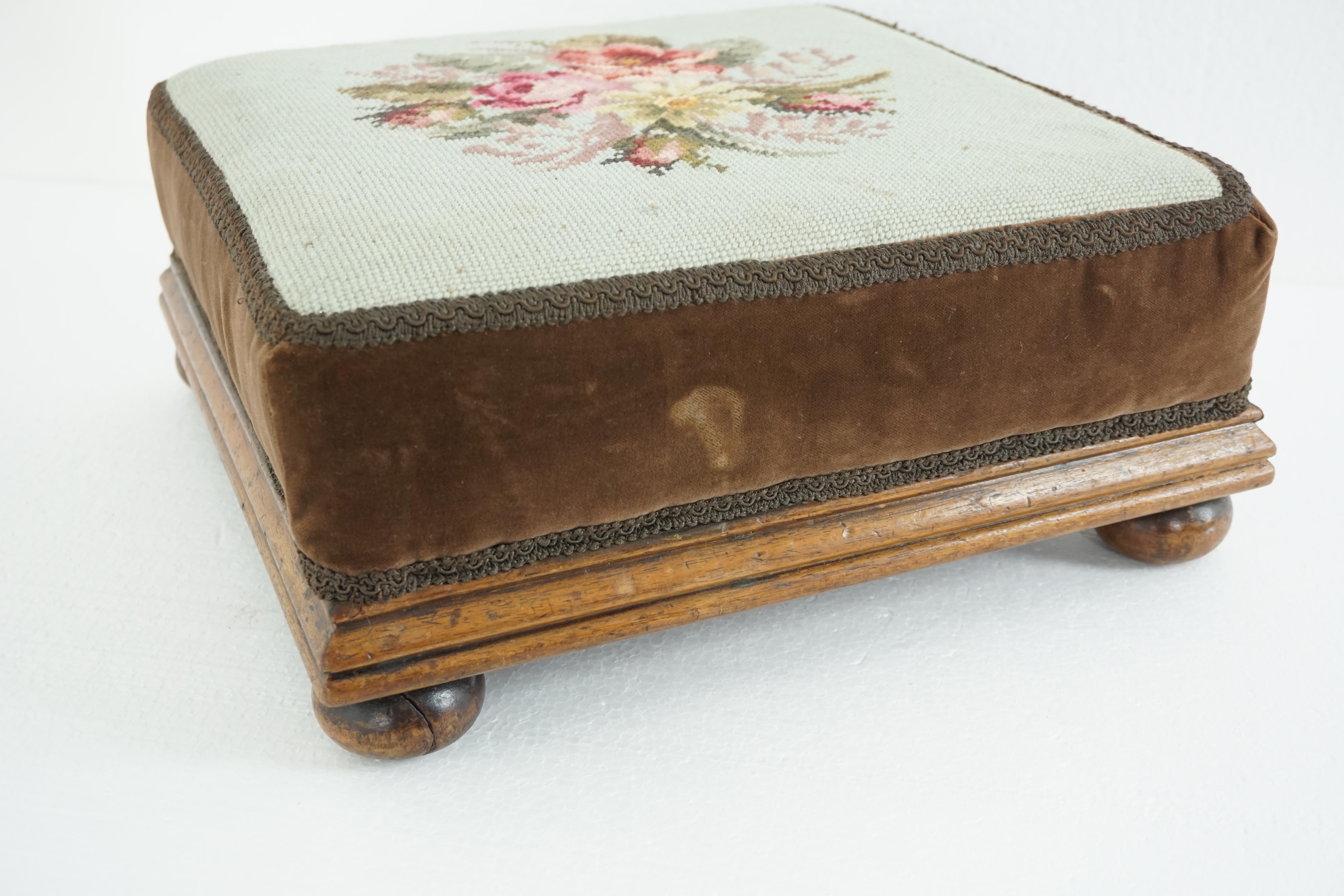 Upholstery Antique Victorian Upholstered Walnut Foot Stool Bench, Scotland, 1890-1907