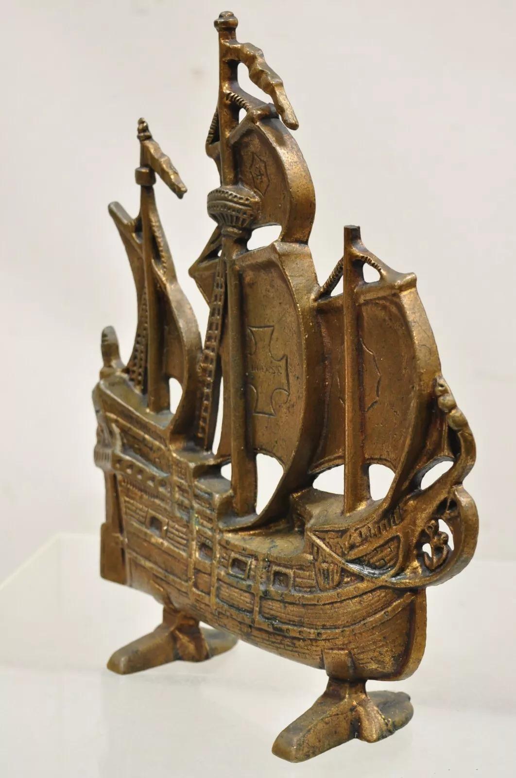 Antique Victorian Valcast Cast Iron Figural Bronze Ship Sail Boat Door Stop For Sale 3