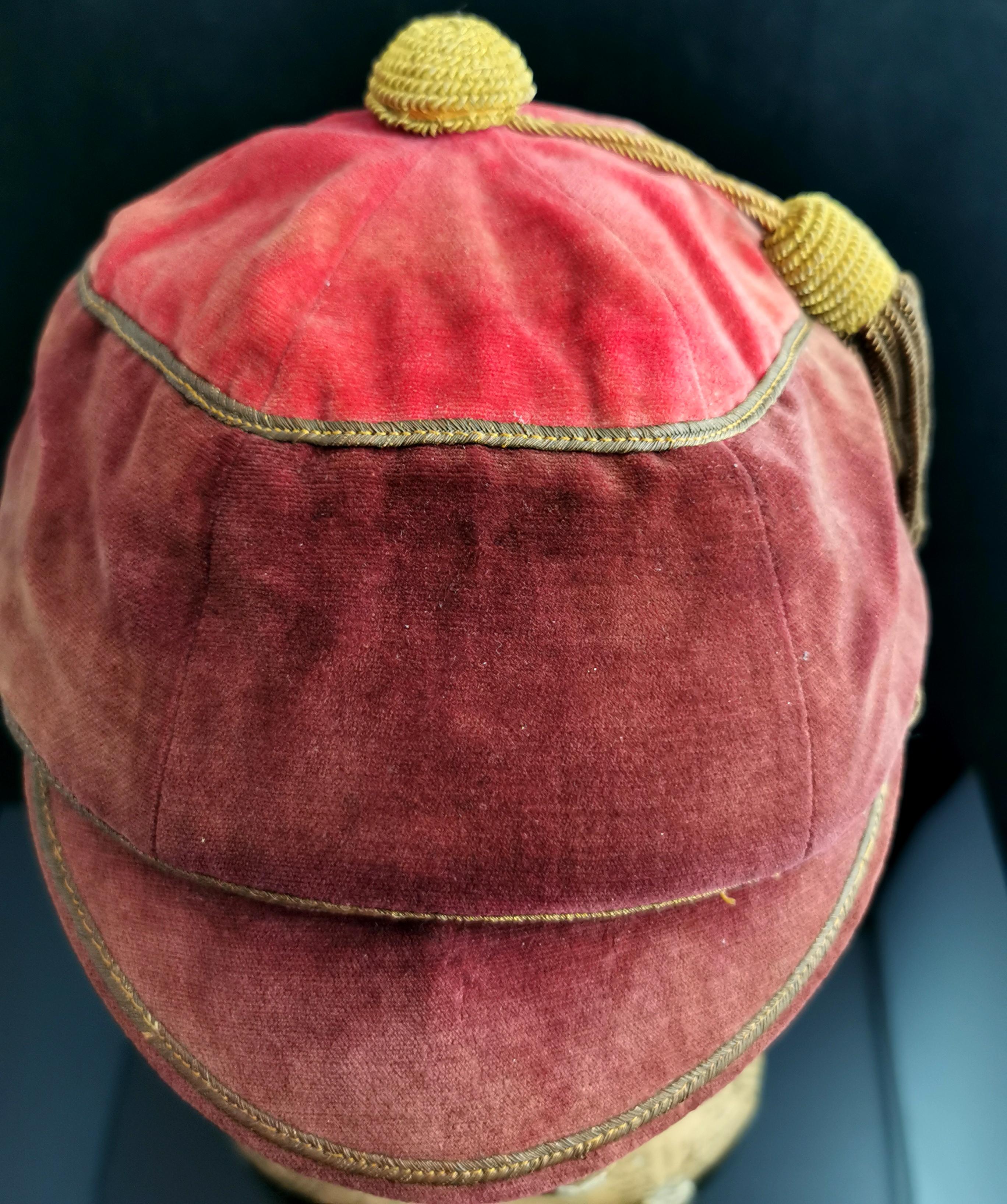 Ancienne casquette de jockeys en velours de l'époque victorienne, chapeau de sport  2