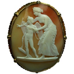 Antique Victorian Venus Teaching Archery to Cupid Shell Cameo Brooch
