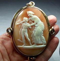 Antique Victorian Venus Teaching Cupid Shooting with His Bow Shell Cameo Brooch