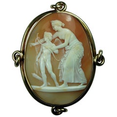 Antique Victorian Venus Teaching Cupid Shooting with His Bow Shell Cameo Brooch