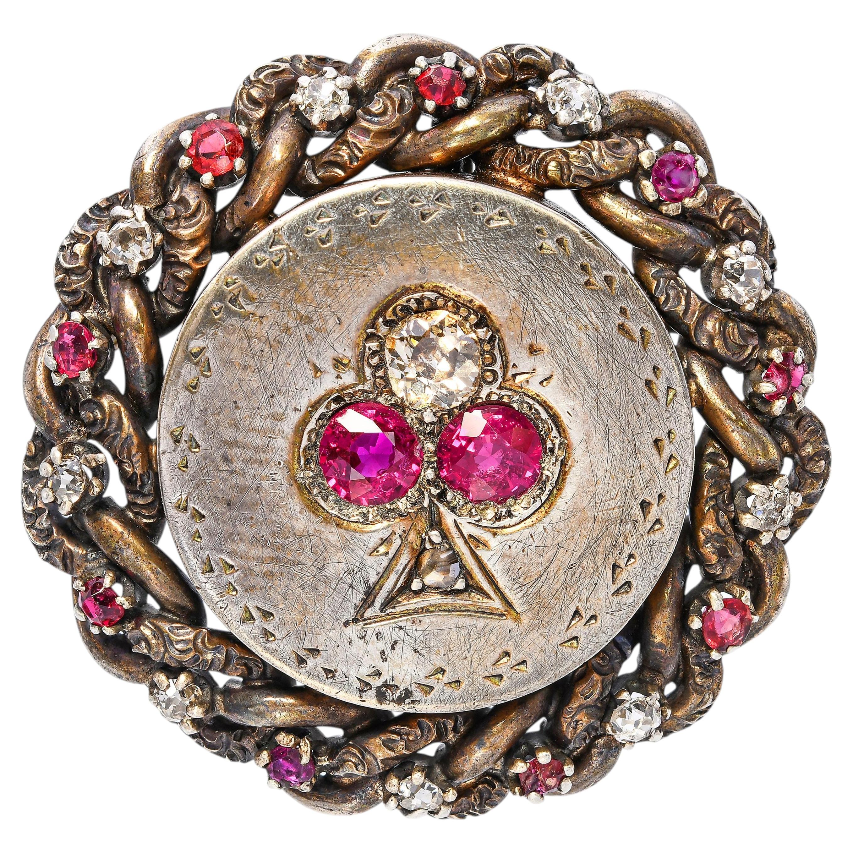 Antique Victorian Vermeil Ace Of Spades Ruby and Diamond Brooch For Sale