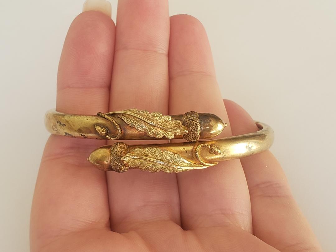 Women's Antique Victorian Vermeil Silver Acorn Bypass Bangle Bracelet
