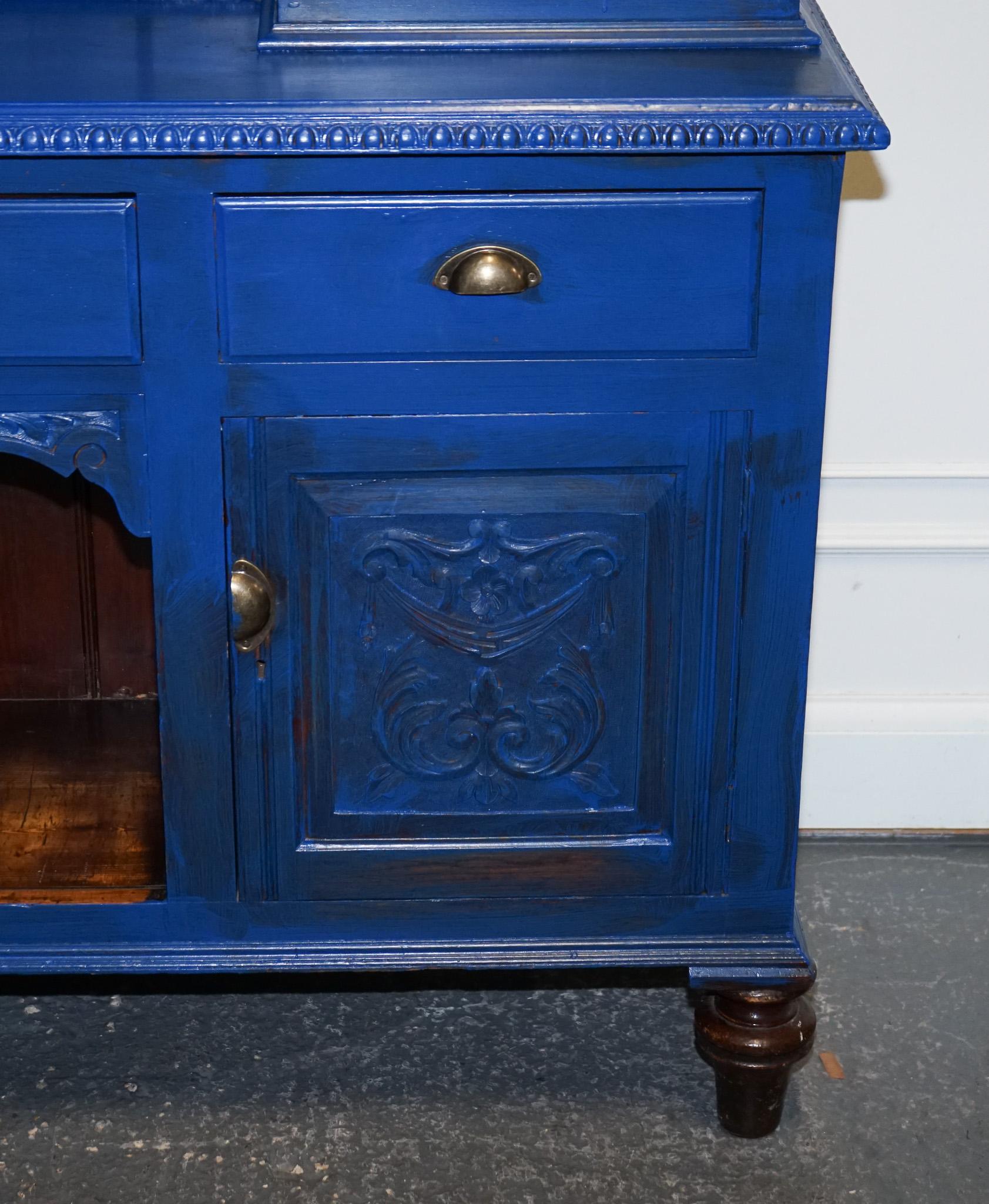ANTIQUE VICTORIAN VIBRANT BLUE HAND PAINTED KITCHEN CUPBOARD CABiNET im Angebot 3