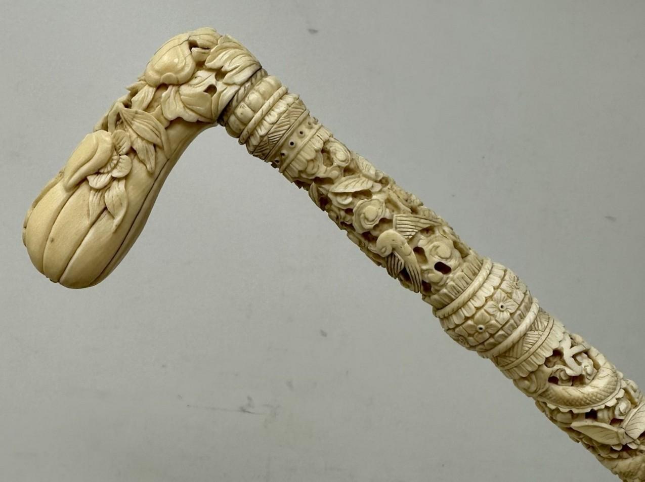 Sculpté Antique victorien chinois ivoire canne de marche canne sculptée dragon en vente