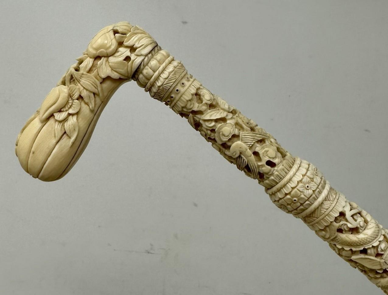 British Antique Victorian Vintage Chinese Ivory Bovine Walking Stick Cane Carved Dragon For Sale