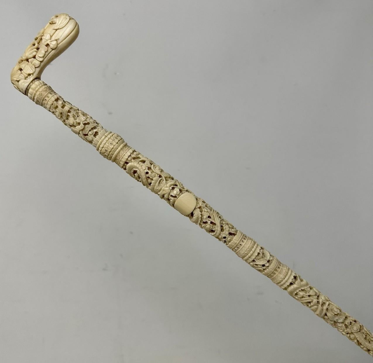 Horn Antique Victorian Vintage Chinese Ivory Bovine Walking Stick Cane Carved Dragon For Sale