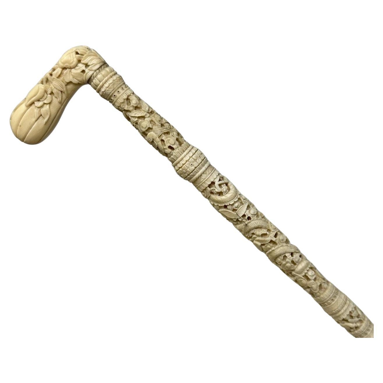 Antique Victorian Vintage Chinese Ivory Bovine Walking Stick Cane Carved Dragon For Sale