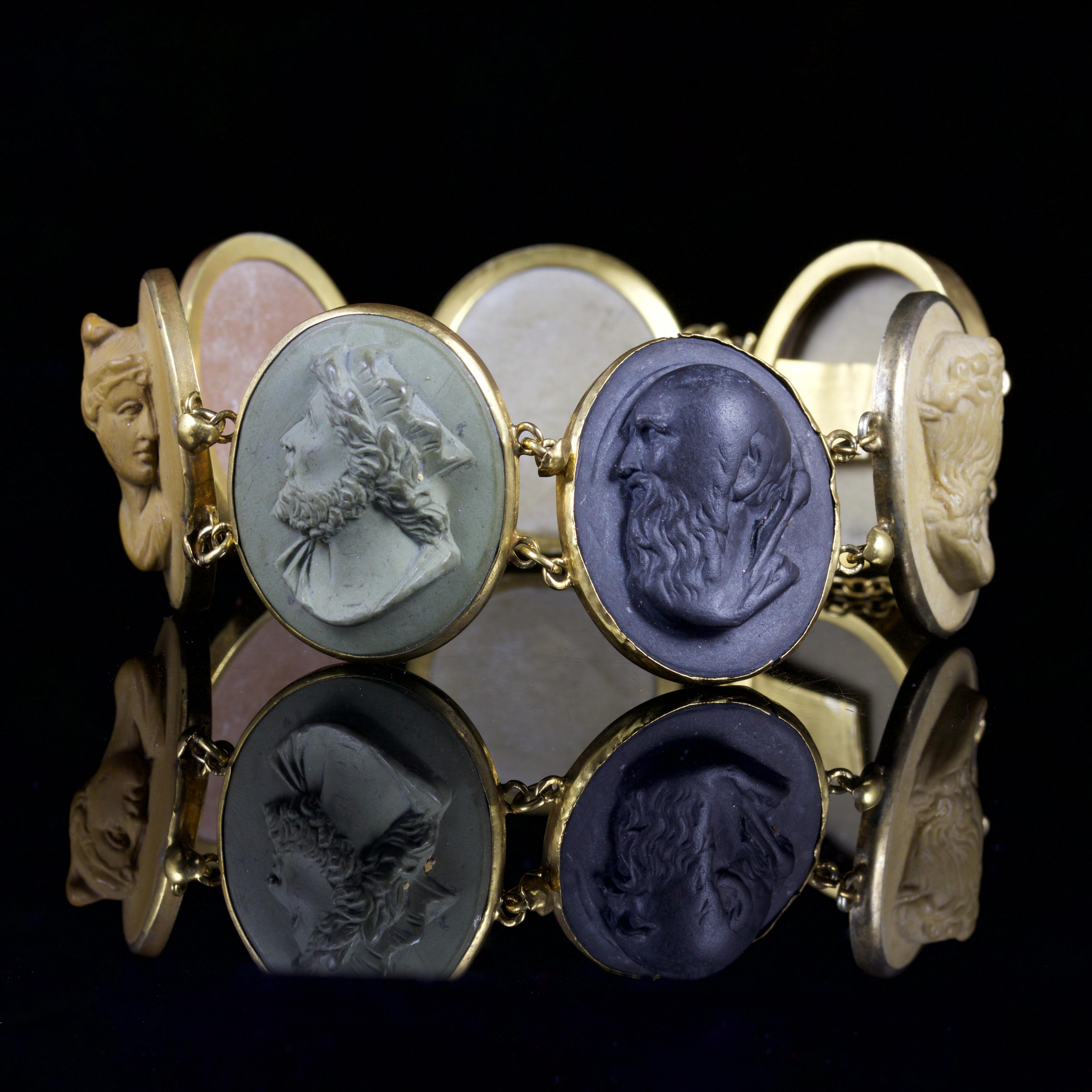 This Victorian Volcanic Lava Cameo bracelet is wonderful.

The well executed carvings are set in Pinchbeck.

The bracelet boasts Gods of various kind, and they each represent the days of the week;

Monday: Diana (Artemis).

Tuesday: Mars