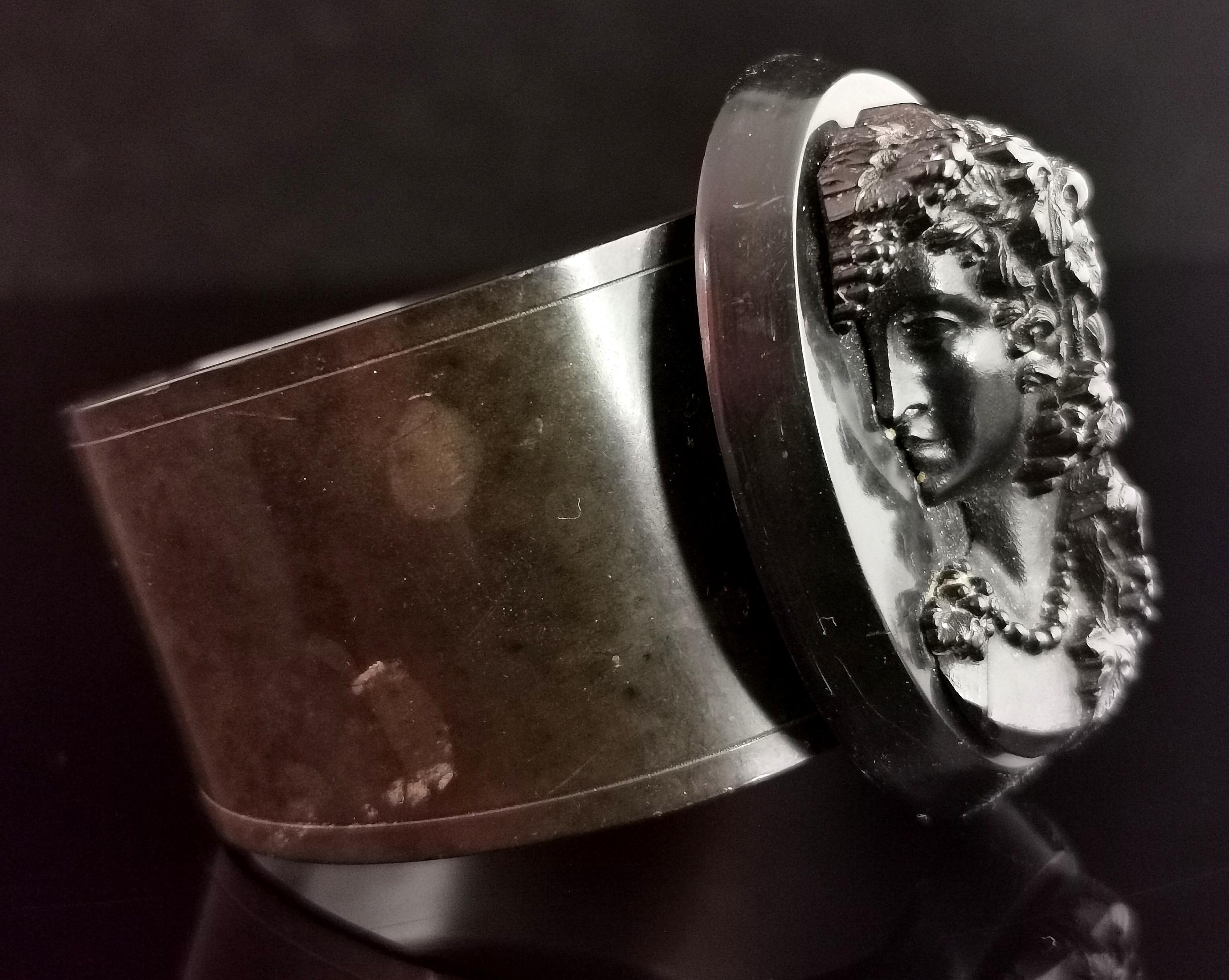 Antique Victorian Vulcanite and Jet cameo bangle, cuff bracelet  4