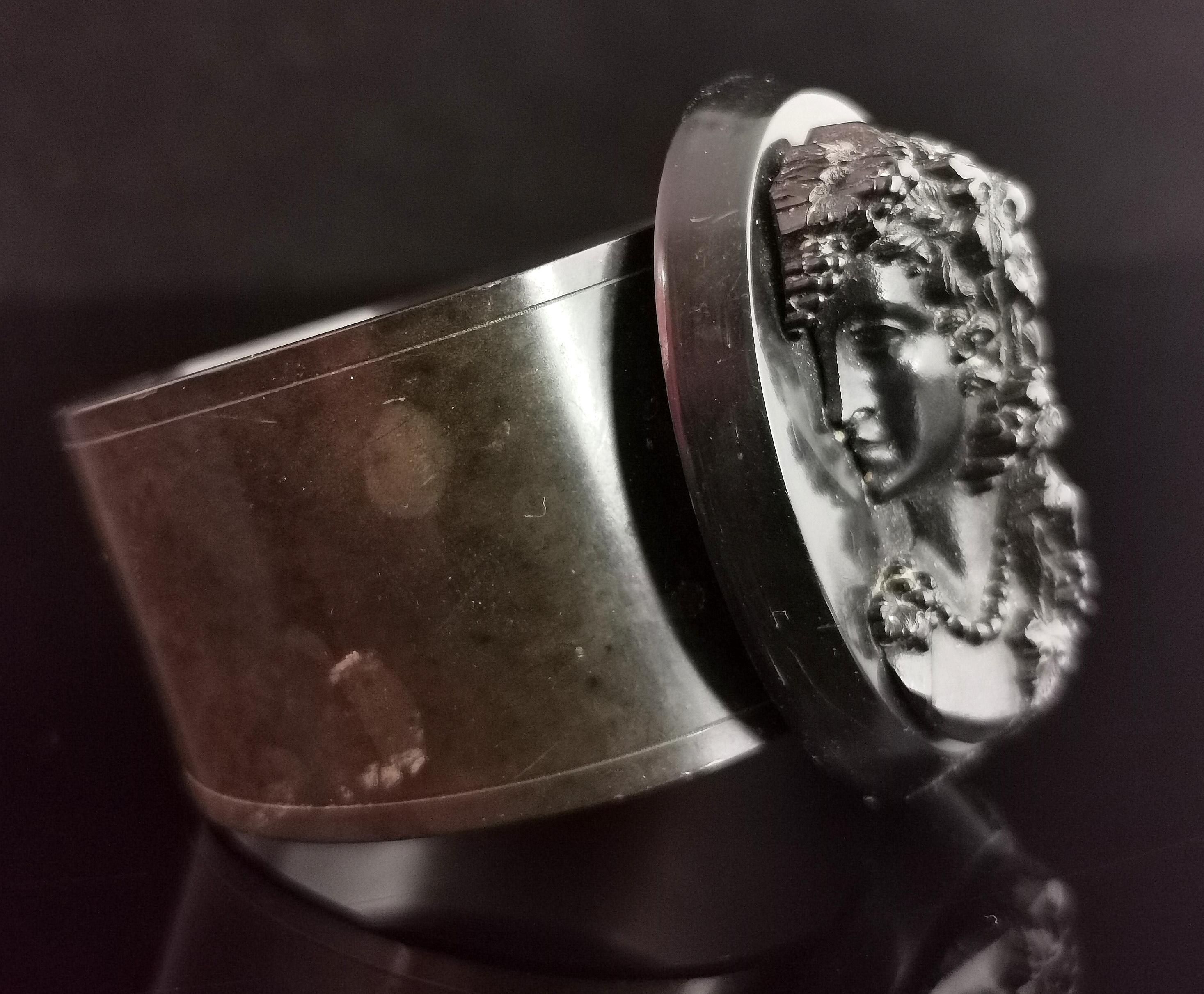 Antique Victorian Vulcanite and Jet cameo bangle, cuff bracelet  5