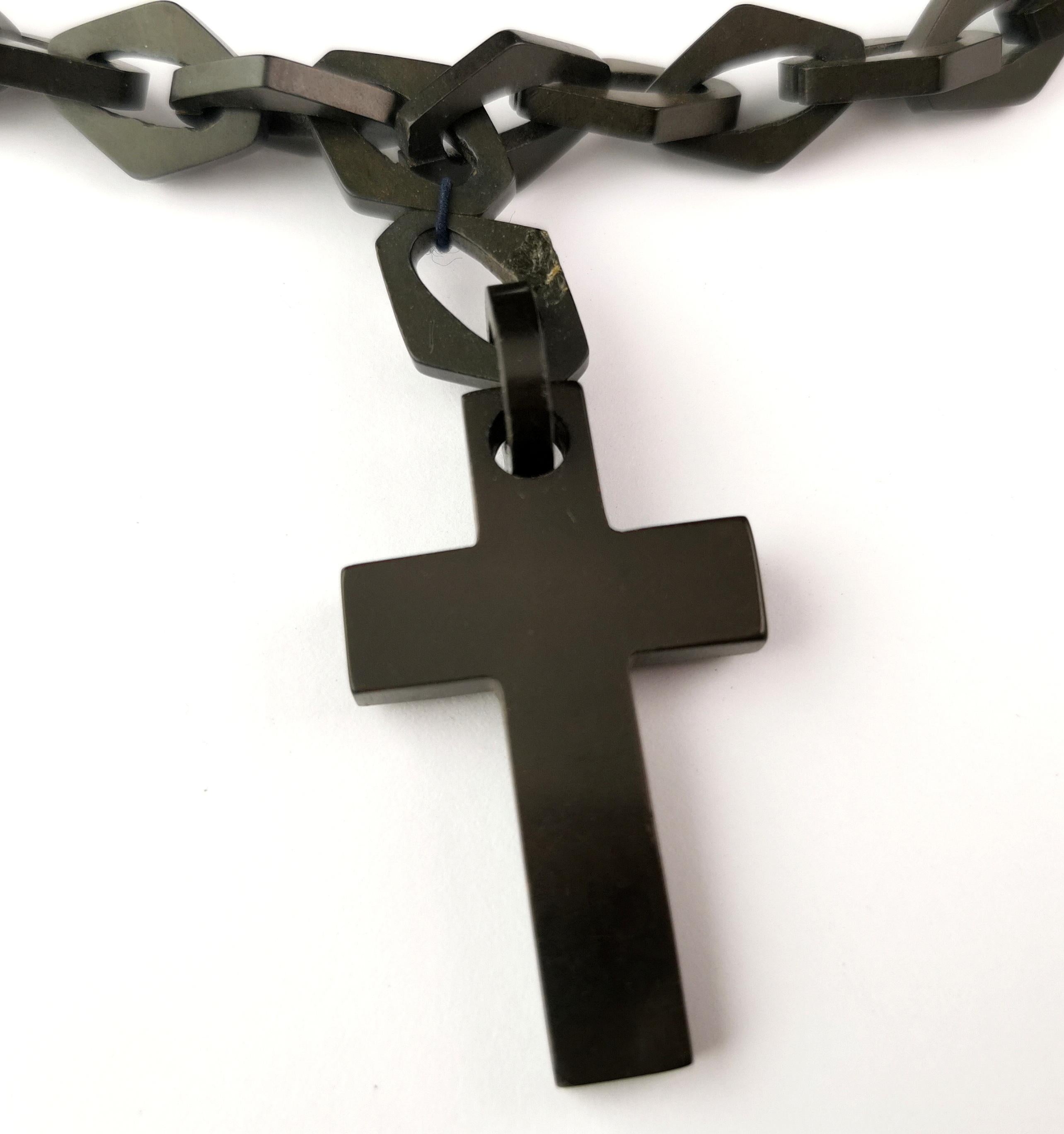Women's Antique Victorian Vulcanite Cross and chain necklace  For Sale