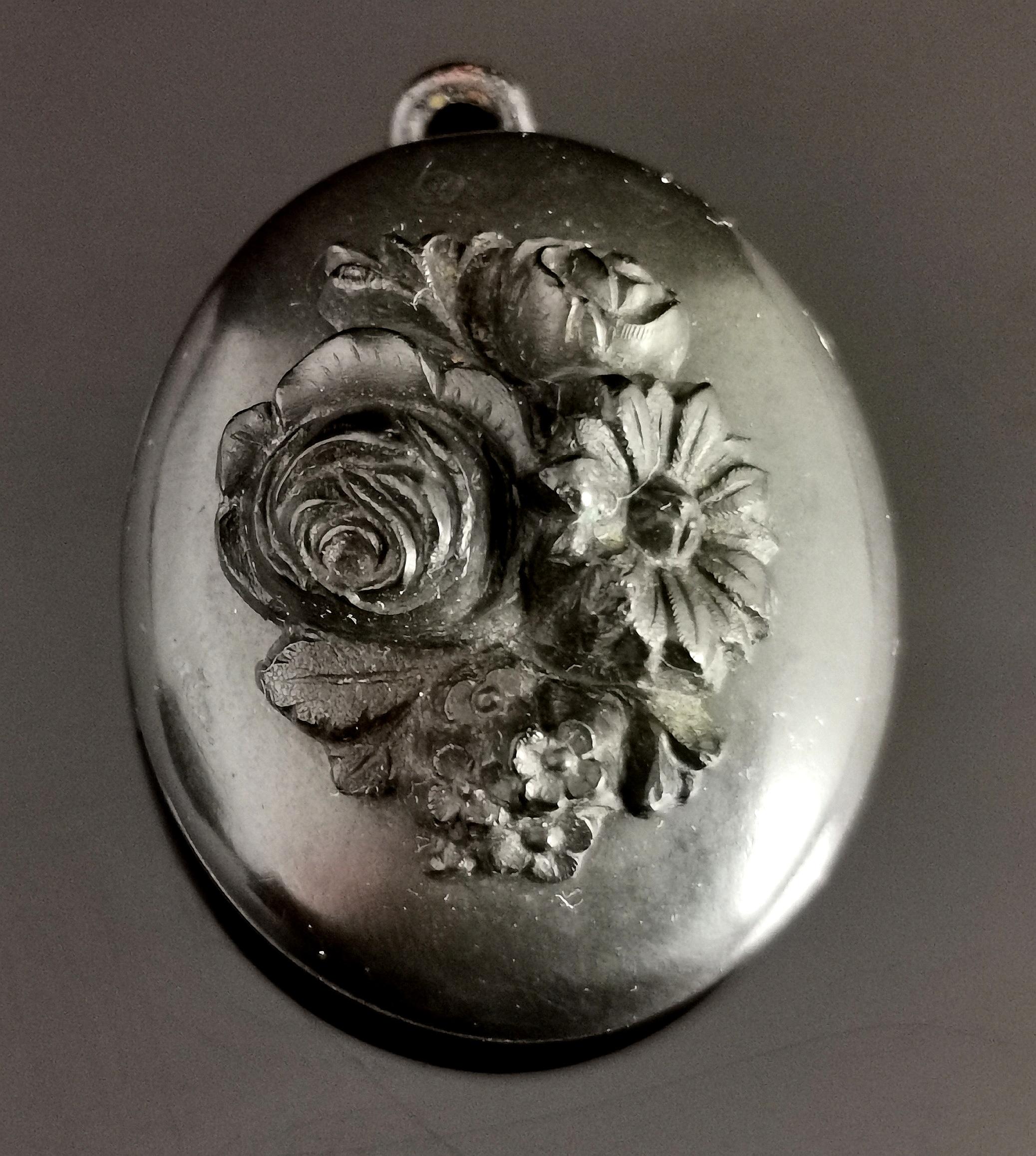 Antique Victorian Vulcanite Mourning Locket, Floral 1