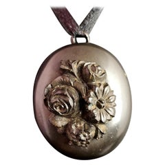 Antique Victorian Vulcanite Mourning Locket, Floral