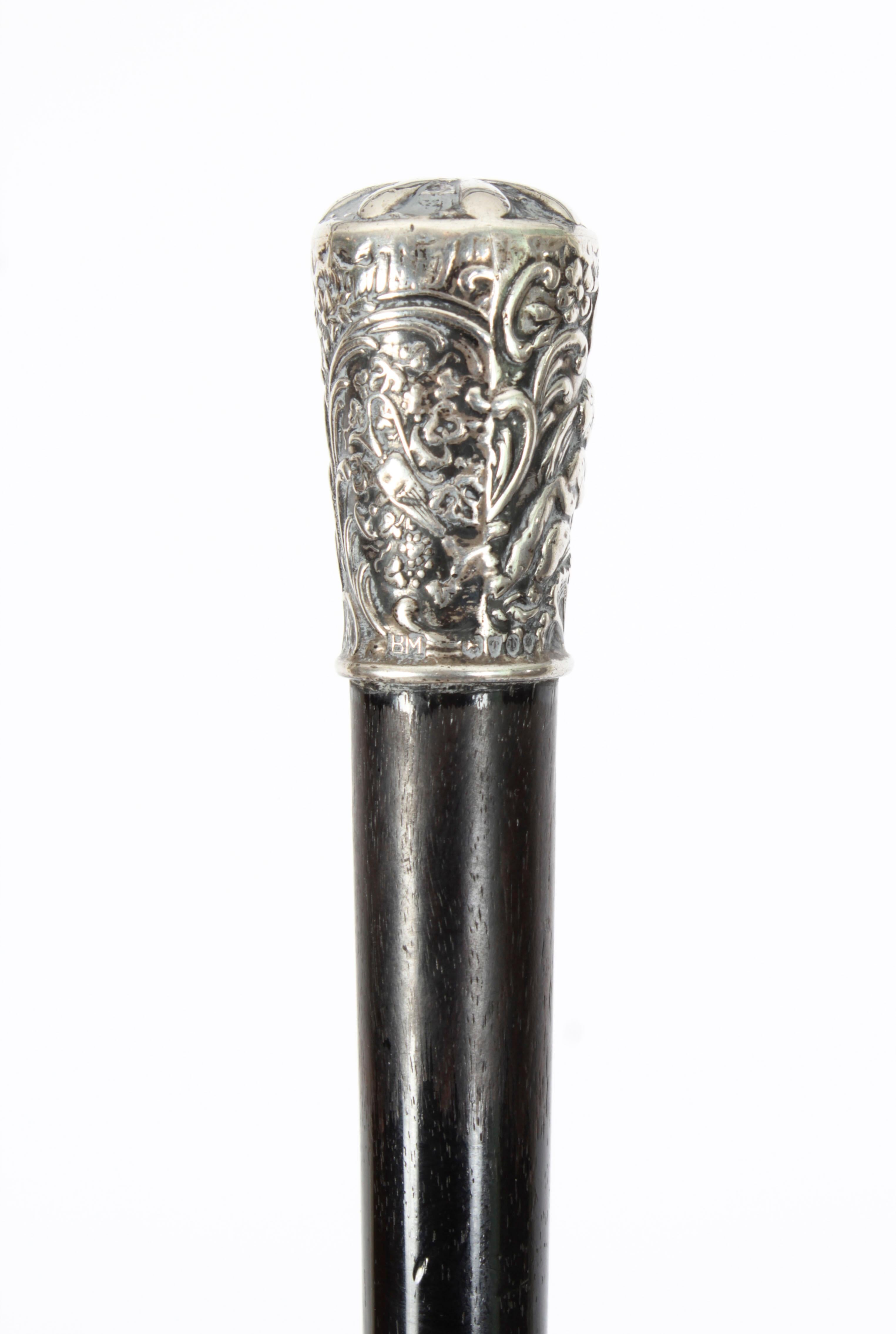 Antique Victorian Walking Stick Cane Silvered Pommel Dated 1894 4
