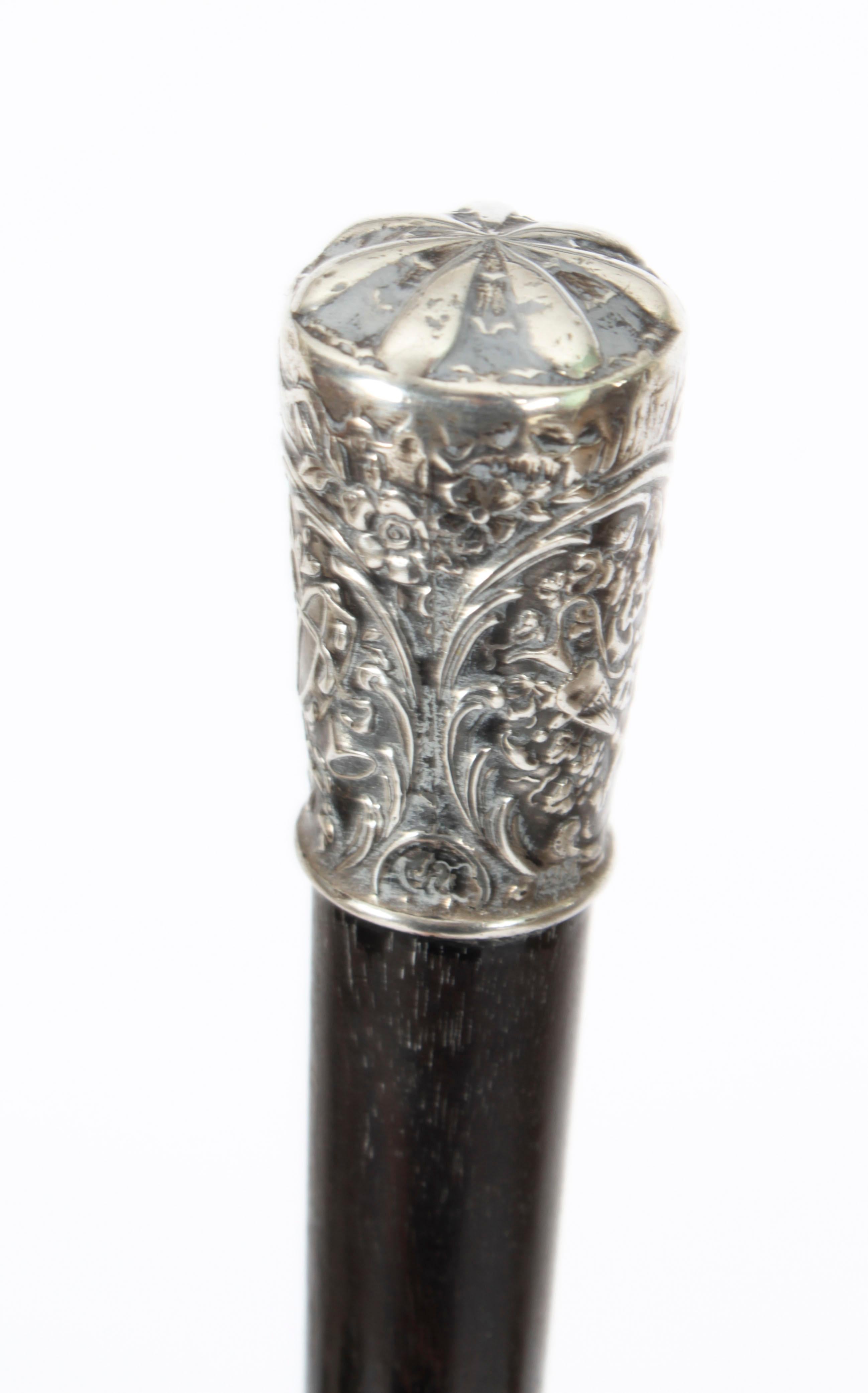 Antique Victorian Walking Stick Cane Silvered Pommel Dated 1894 5