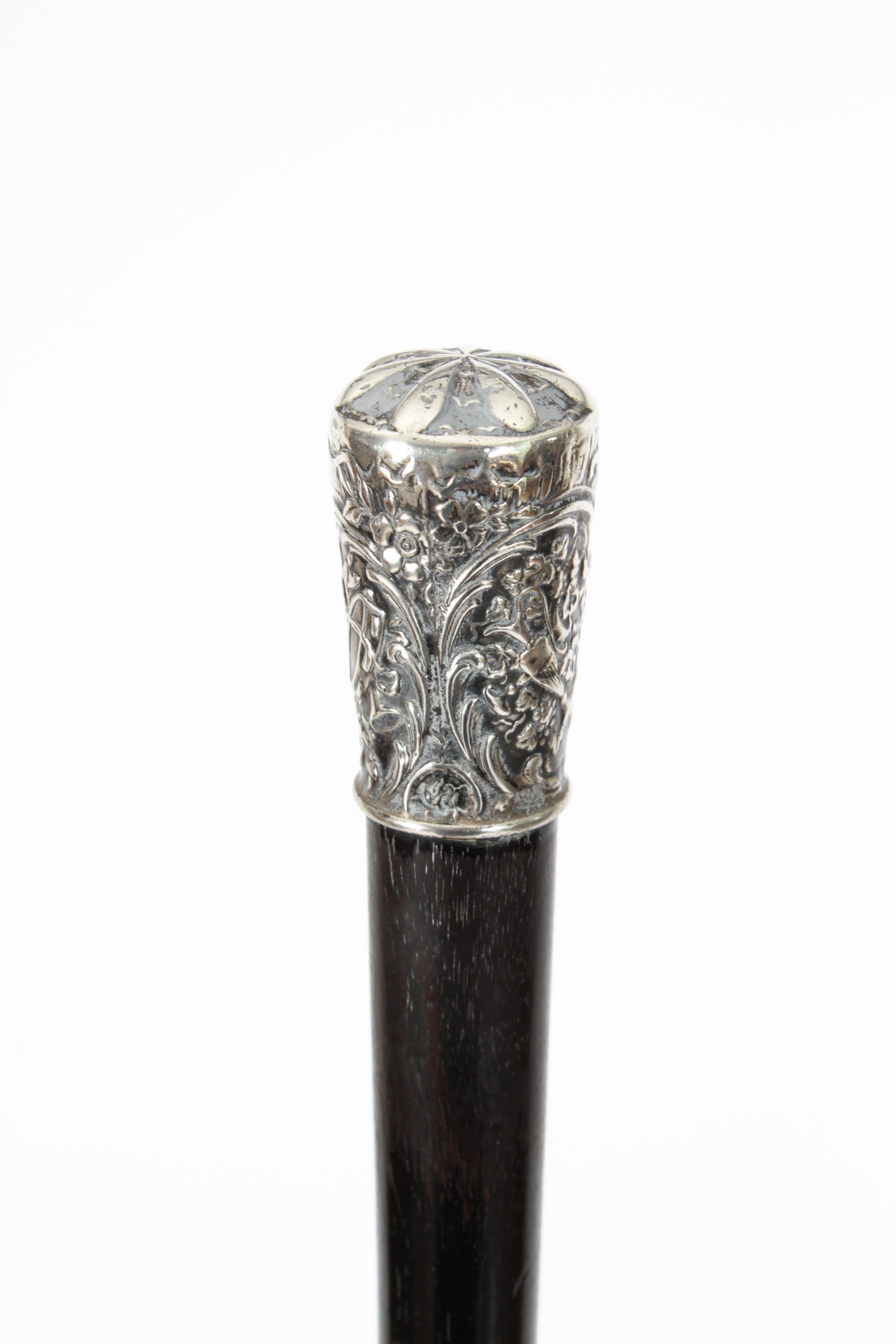 Antique Victorian Walking Stick Cane Silvered Pommel Dated 1894 6