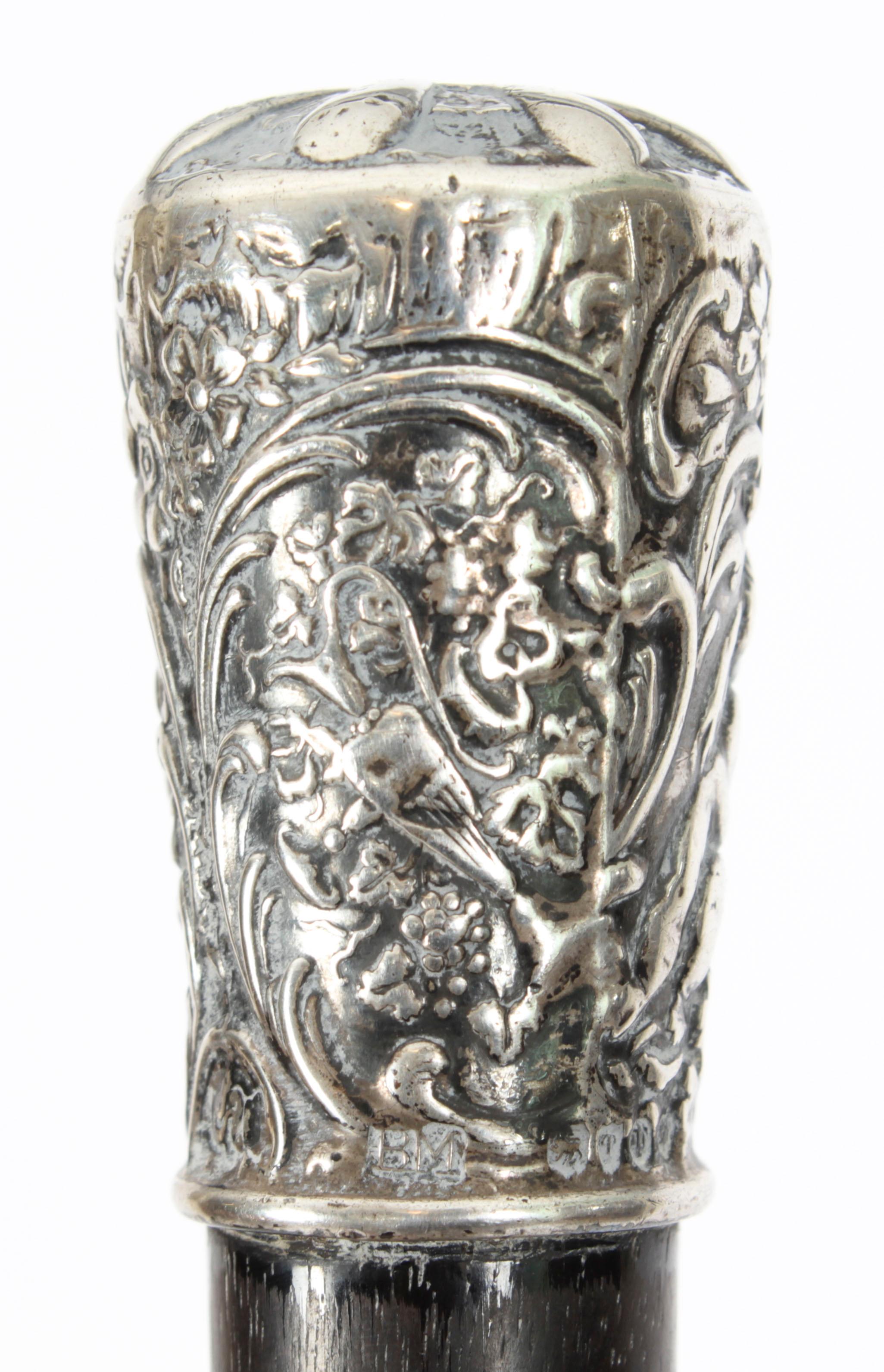 Ebonized Antique Victorian Walking Stick Cane Silvered Pommel Dated 1894
