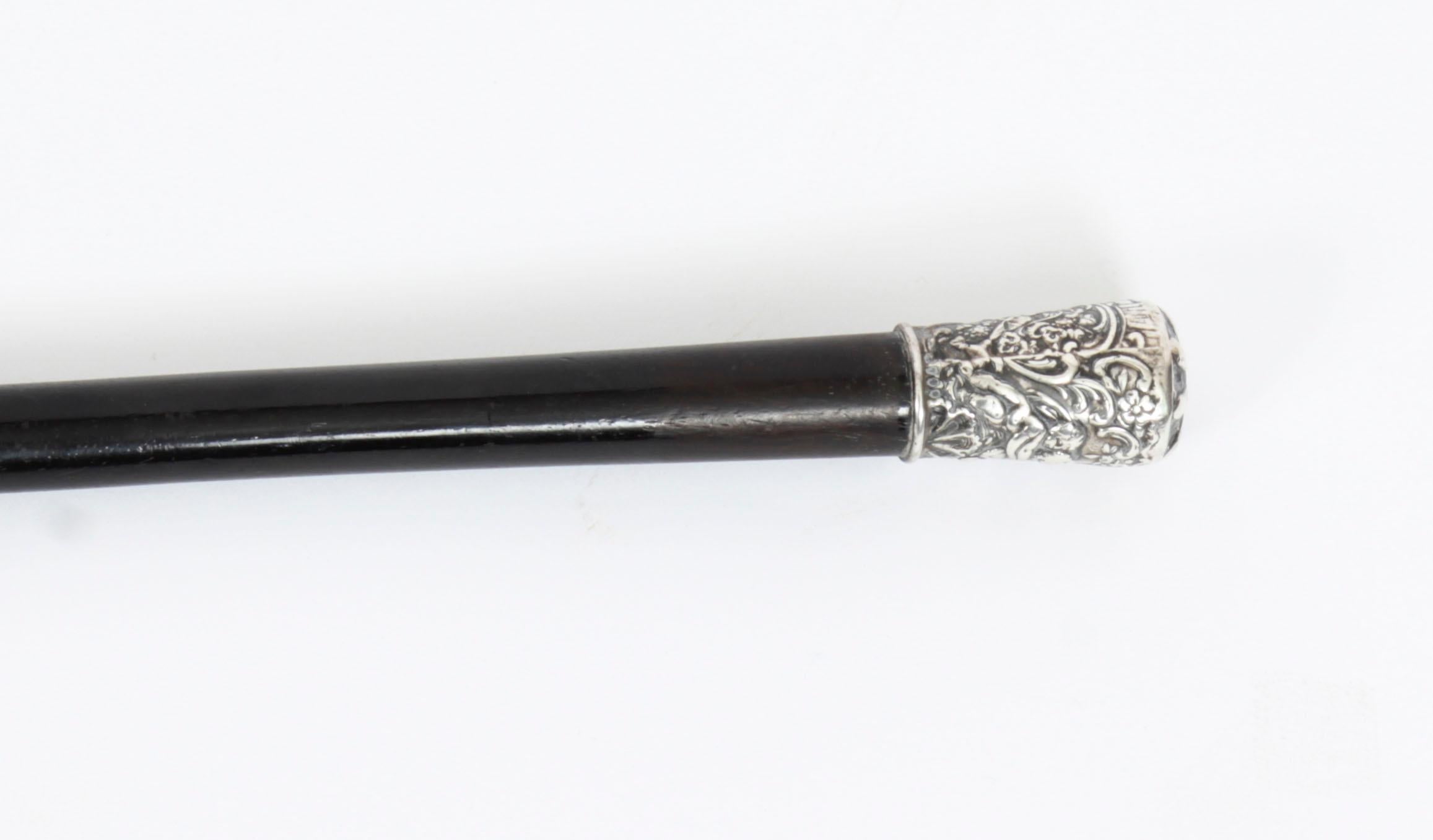 Antique Victorian Walking Stick Cane Silvered Pommel Dated 1894 3