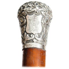 Antique Victorian Walking Stick Cane with Sterling Silver Pommel, 19th Century