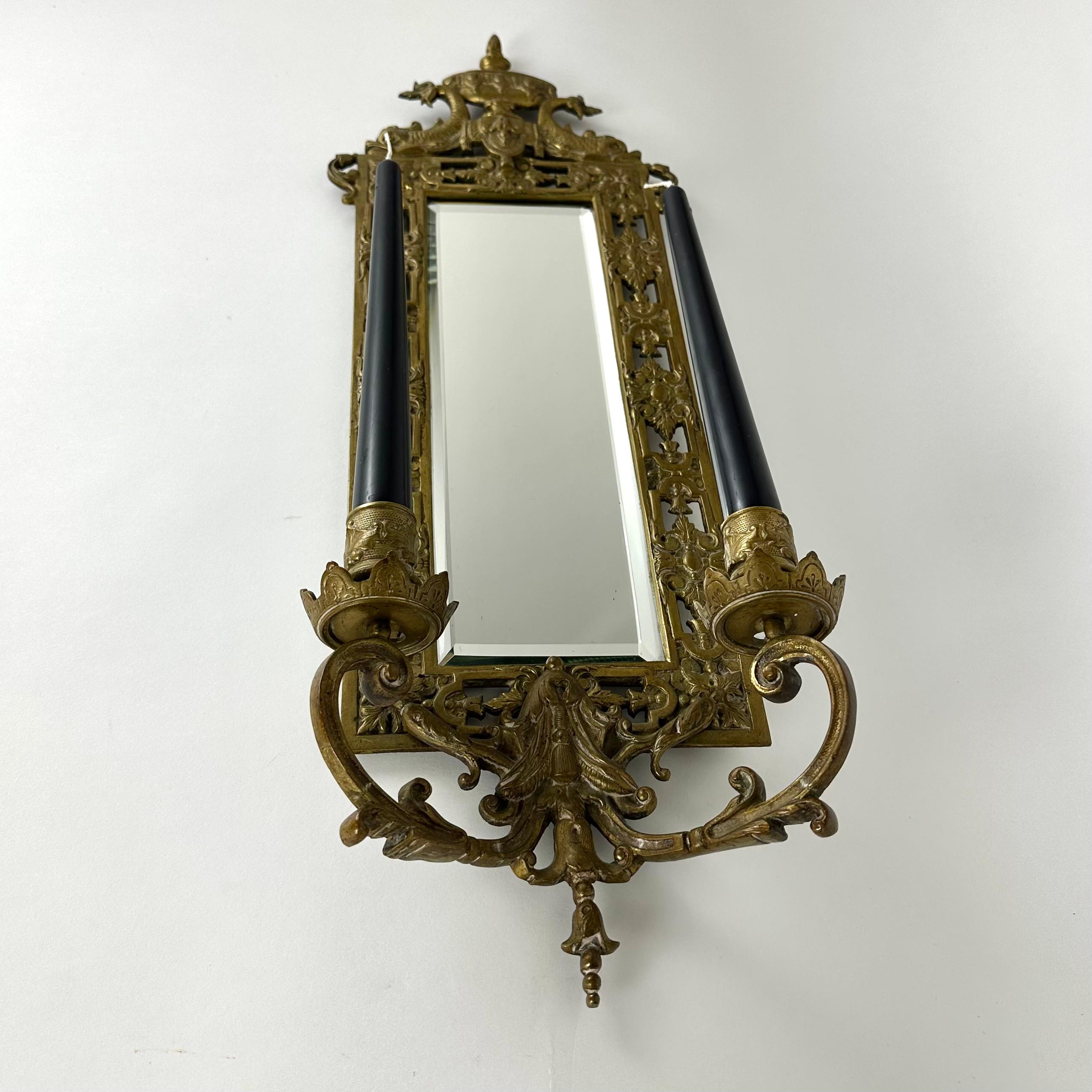 French Antique Victorian Wall Mirror With Two Candlesticks, France 1910 For Sale