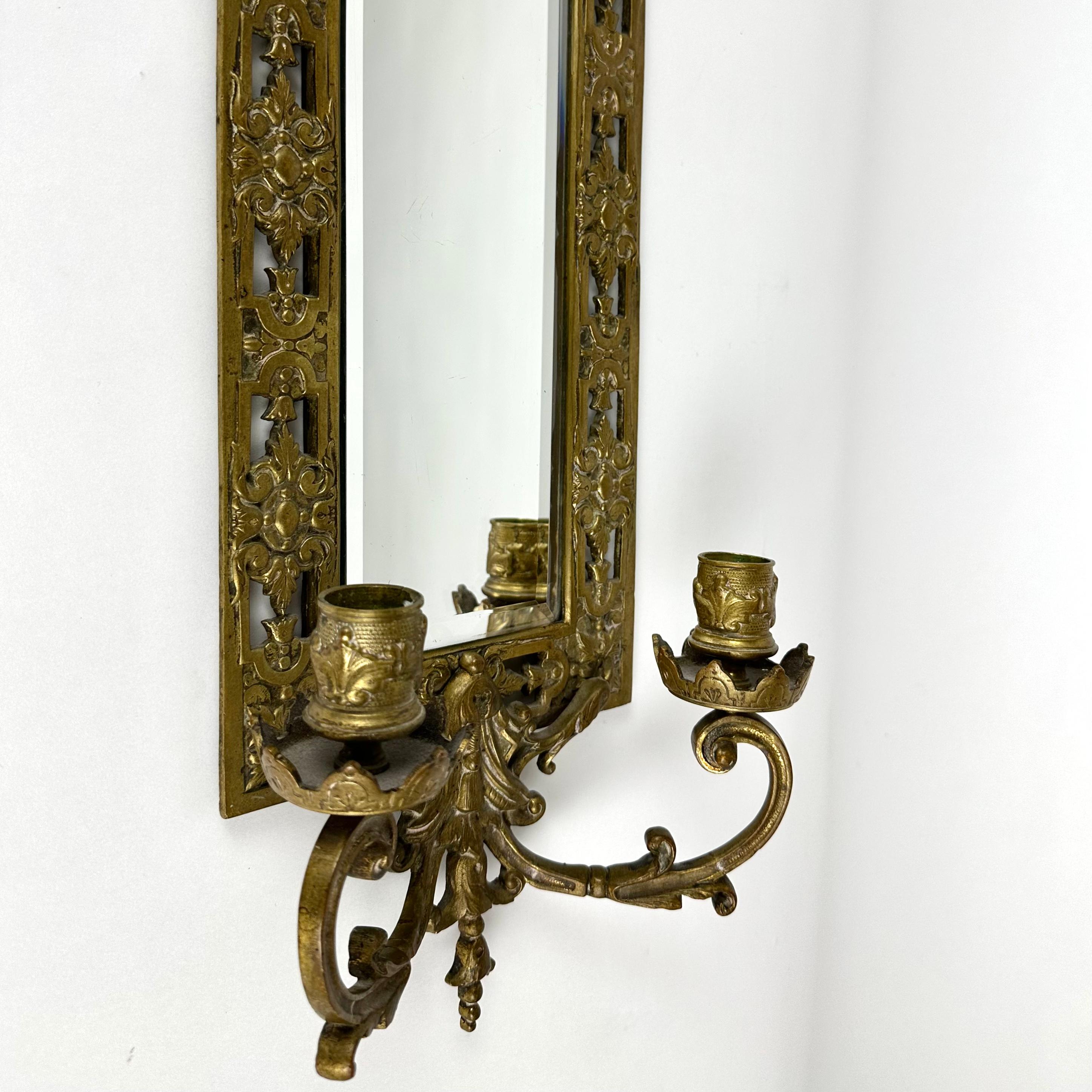 Bronze Antique Victorian Wall Mirror With Two Candlesticks, France 1910 For Sale