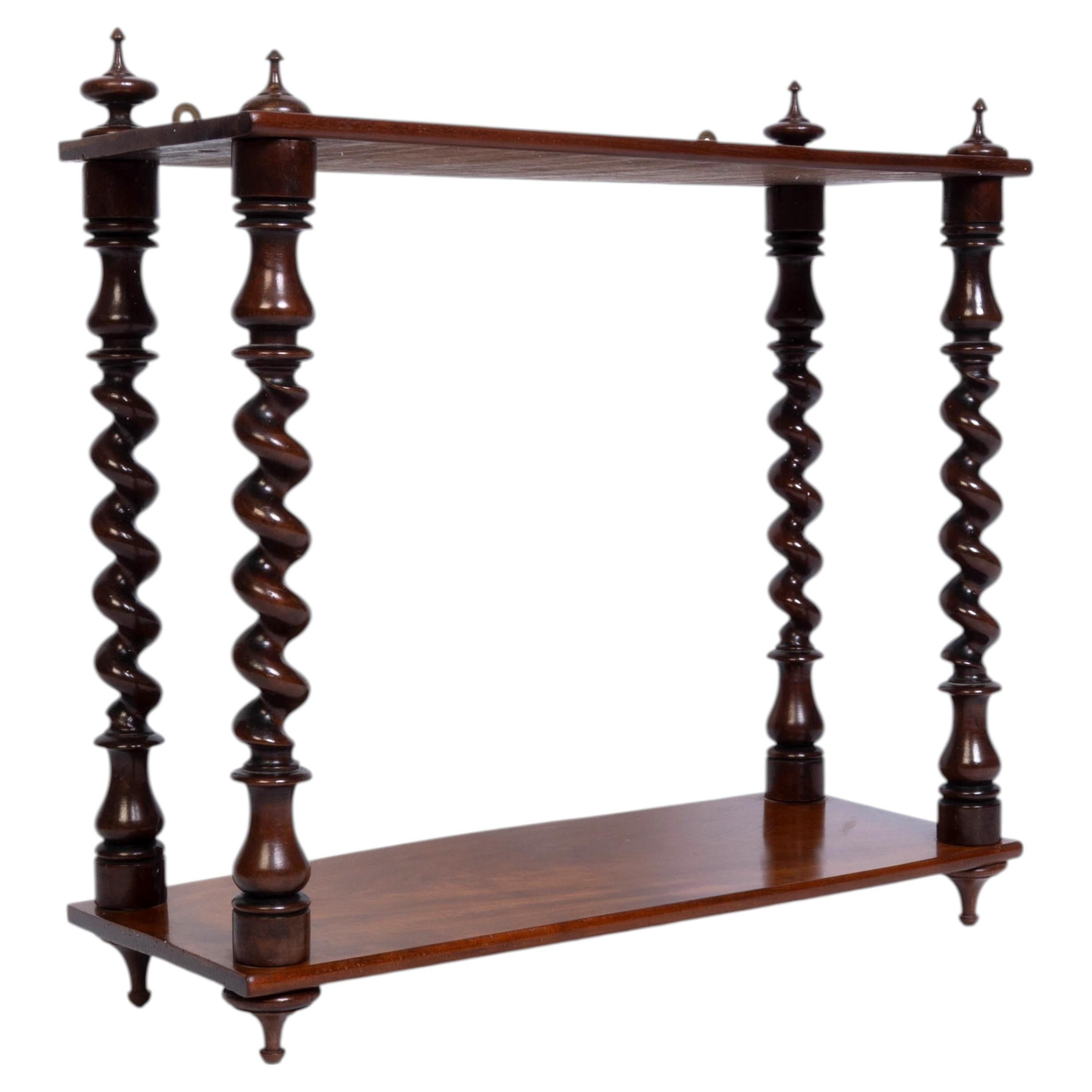 Antique Victorian Wall Shelf Paired Barley Twist Columns and Finials, C.1860 For Sale