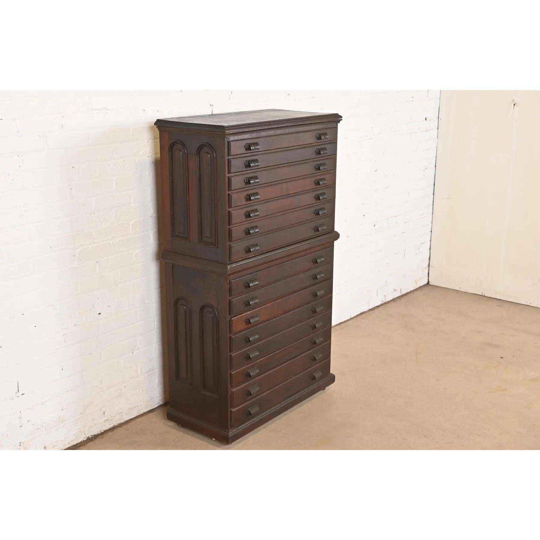 19th Century Antique Victorian Walnut 15-Drawer Architect's Blueprint Flat File Cabinet For Sale