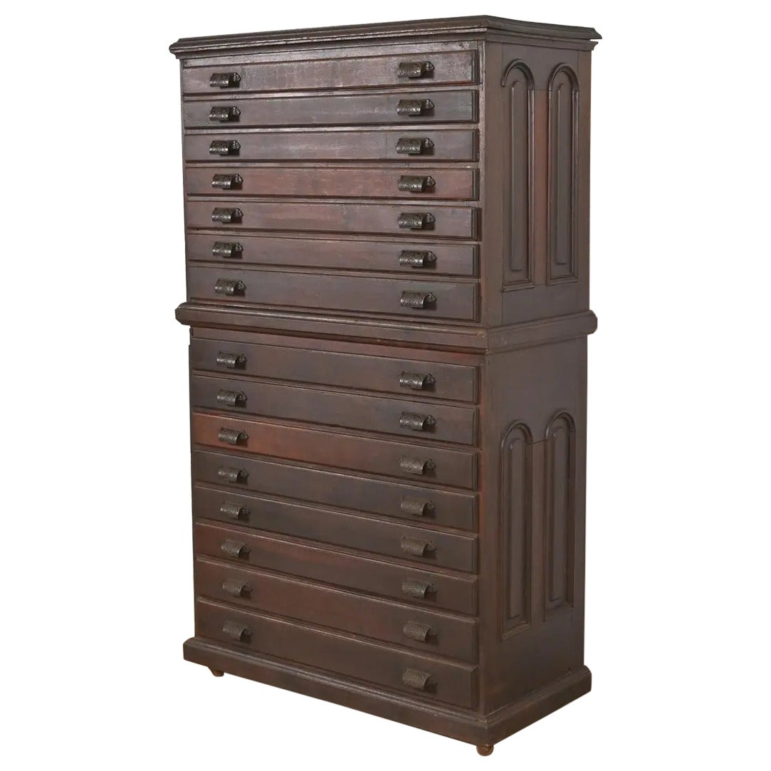 Antique Victorian Walnut 15-Drawer Architect's Blueprint Flat File Cabinet For Sale
