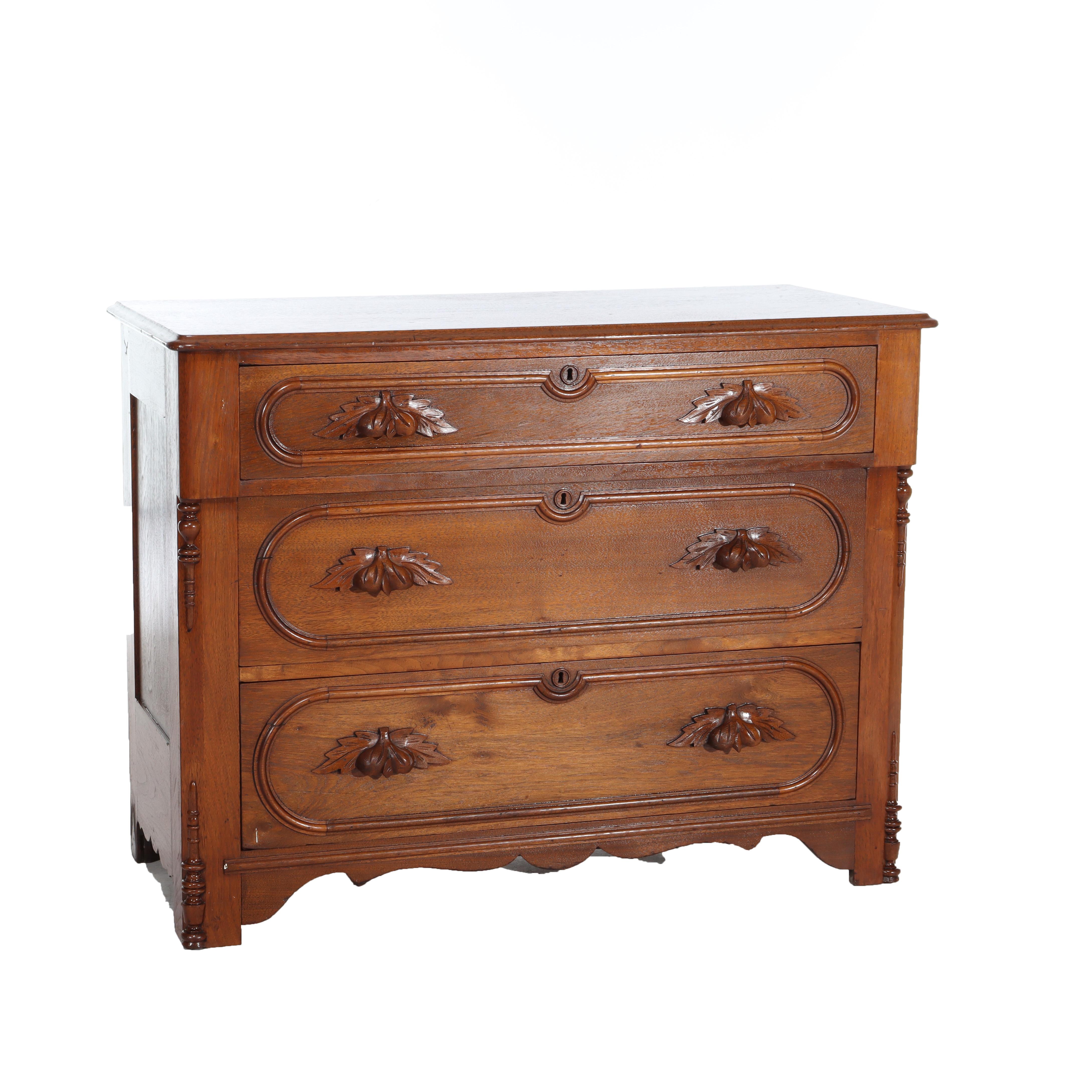 Arcón Victoriano Antiguo De 3 Cajones De Nogal Con Tiradores Tallados C1890 en venta 3