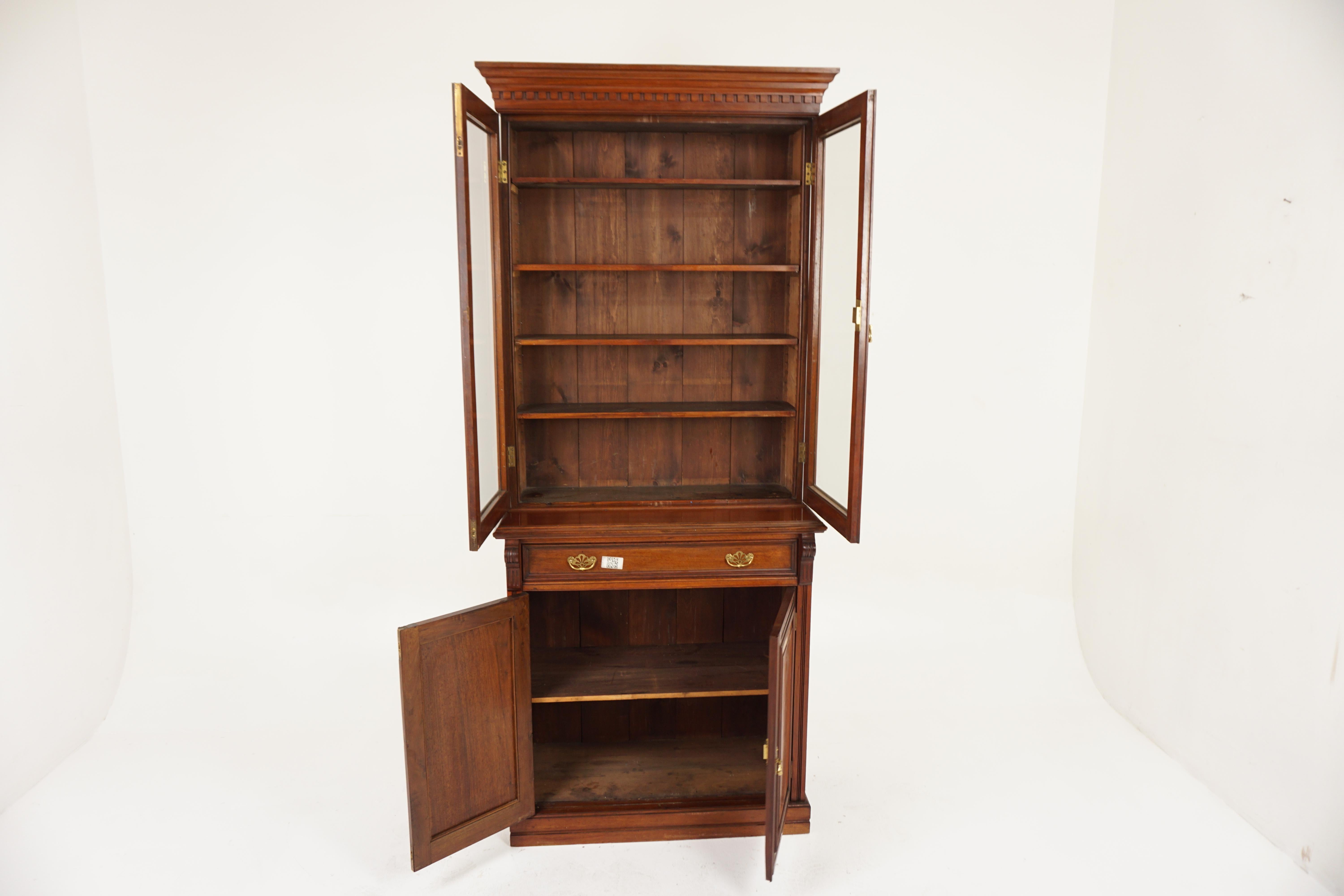 Late 19th Century Antique Victorian Walnut 4 Door Glass Front Bookcase, Scotland 1870 , H990