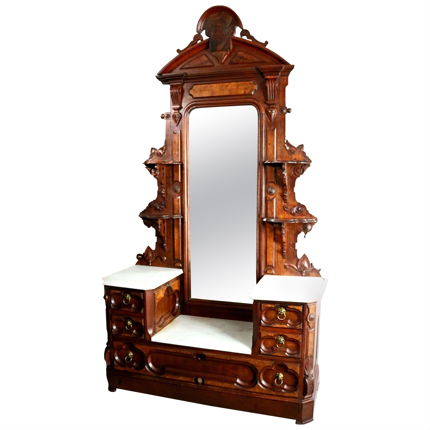 Antique Victorian Walnut And Burl Drop Center Marble Top Dresser