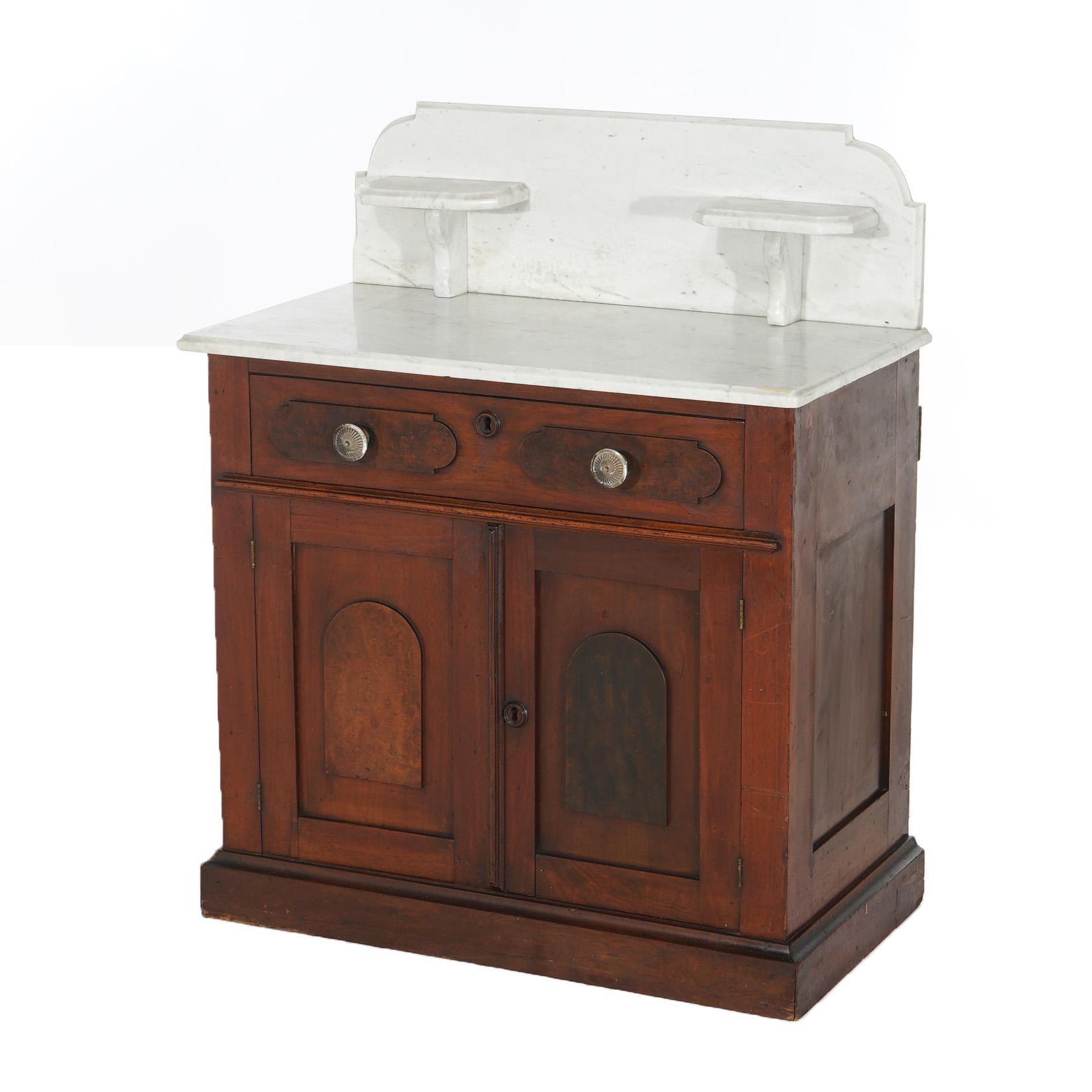 ***Ask About Reduced In-House Delivery Rates - Reliable Professional Service & Fully Insured***
Antique Victorian Walnut and Burl Marble Top Wash Stand with Candle Stands, Single Long Drawer and Double Door Lower Cabinet with Recessed Panels