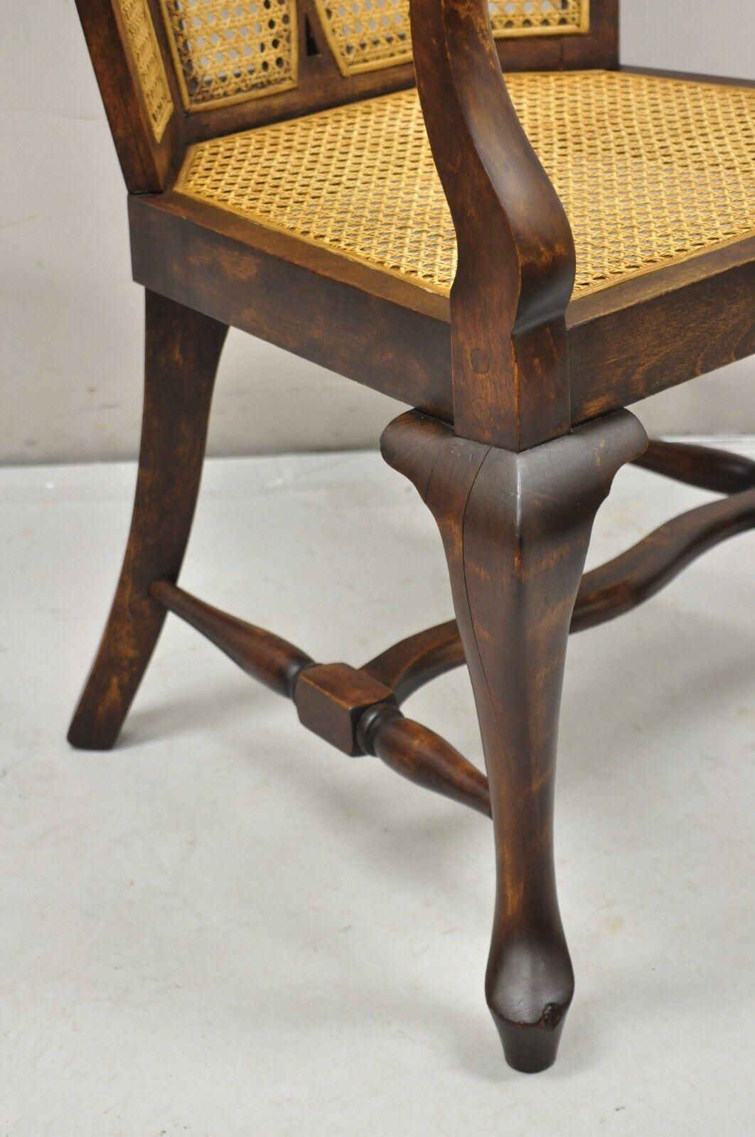 Antique Victorian Walnut and Cane Carved Lounge Arm Chair Queen Anne Legs For Sale 1