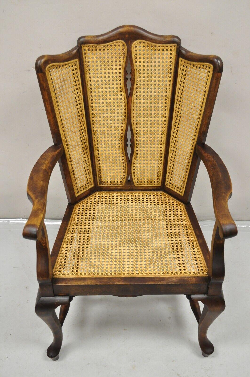 Antique Victorian Walnut and Cane Carved Lounge Arm Chair Queen Anne Legs For Sale 4