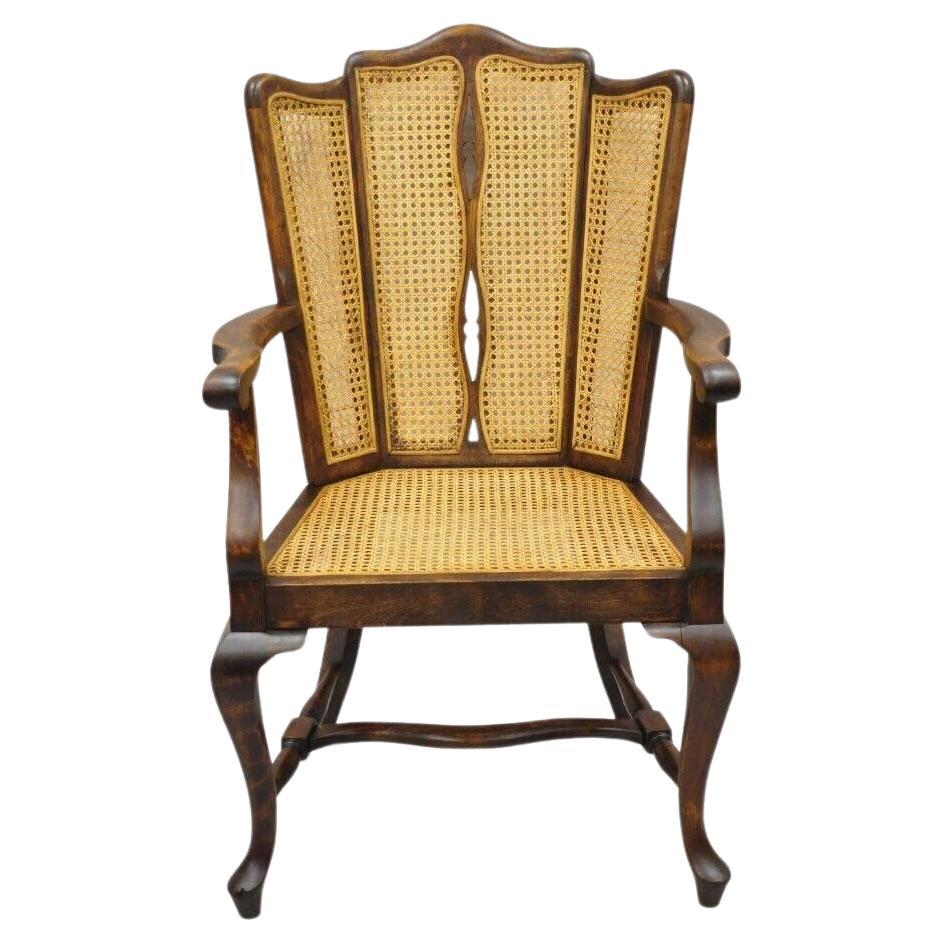 Antique Victorian Walnut and Cane Carved Lounge Arm Chair Queen Anne Legs For Sale