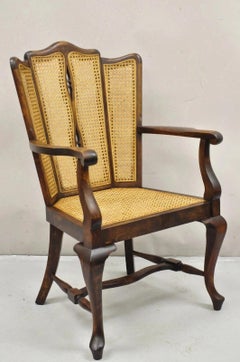 Antique Victorian Walnut and Cane Carved Lounge Arm Chair w/ Queen Anne Legs