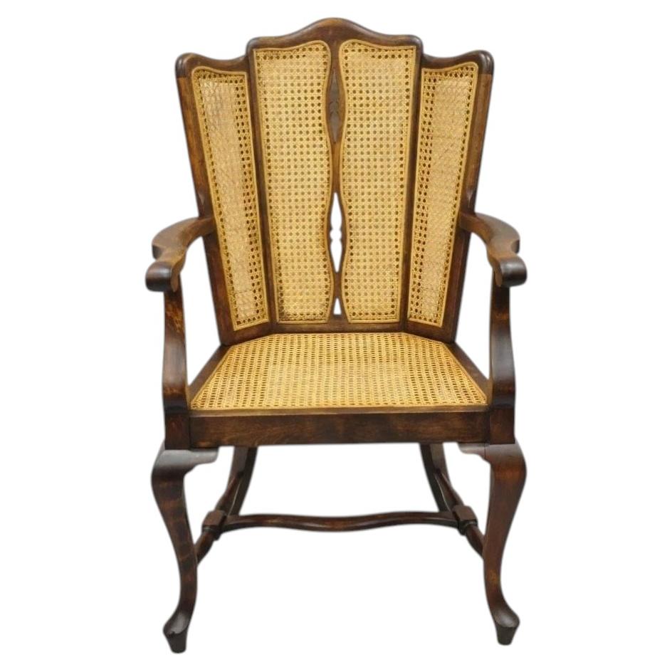 Antique Victorian Walnut and Cane Carved Lounge Arm Chair w/ Queen Anne Legs