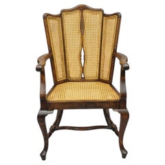 Antique Victorian Walnut and Cane Carved Lounge Arm Chair w/ Queen Anne Legs