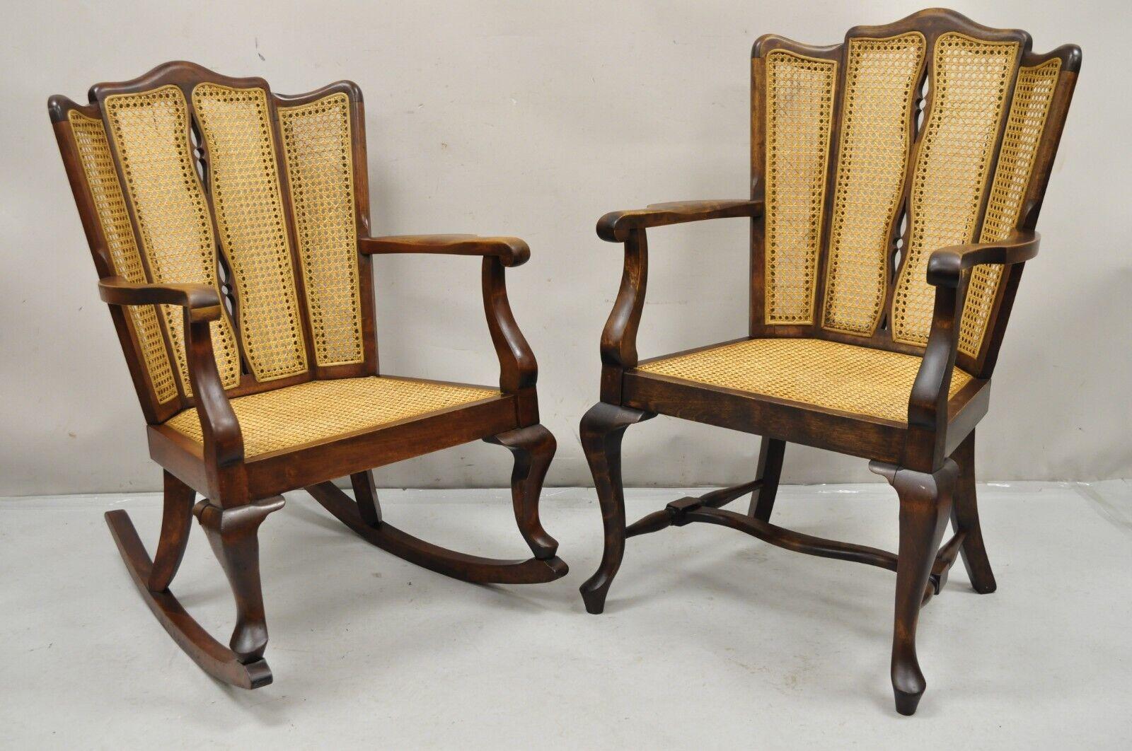Antique Victorian Walnut and Cane Carved Rocker Rocking Chair Queen Anne Legs For Sale 3
