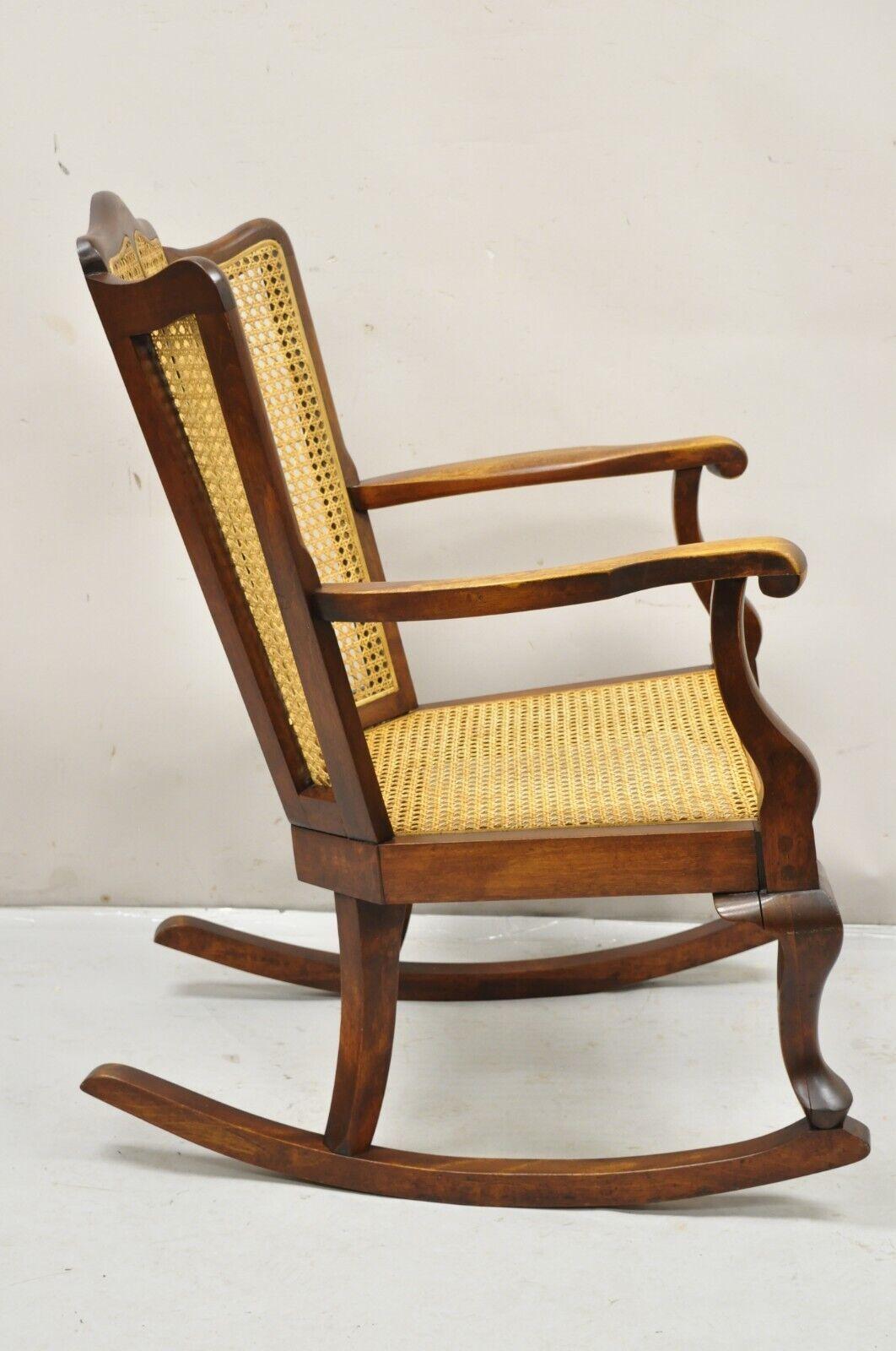 Antique Victorian Walnut and Cane Carved Rocker Rocking Chair Queen Anne Legs For Sale 1