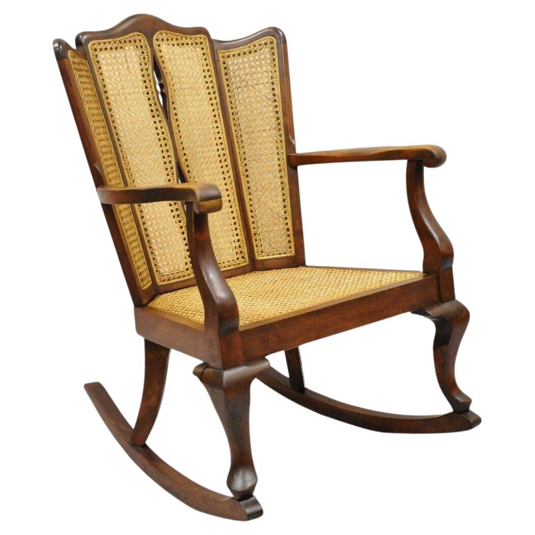 Antique Victorian Walnut and Cane Carved Rocker Rocking Chair Queen Anne Legs For Sale