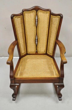 Antique Victorian Walnut and Cane Carved Rocker Rocking Chair w/ Queen Anne Legs